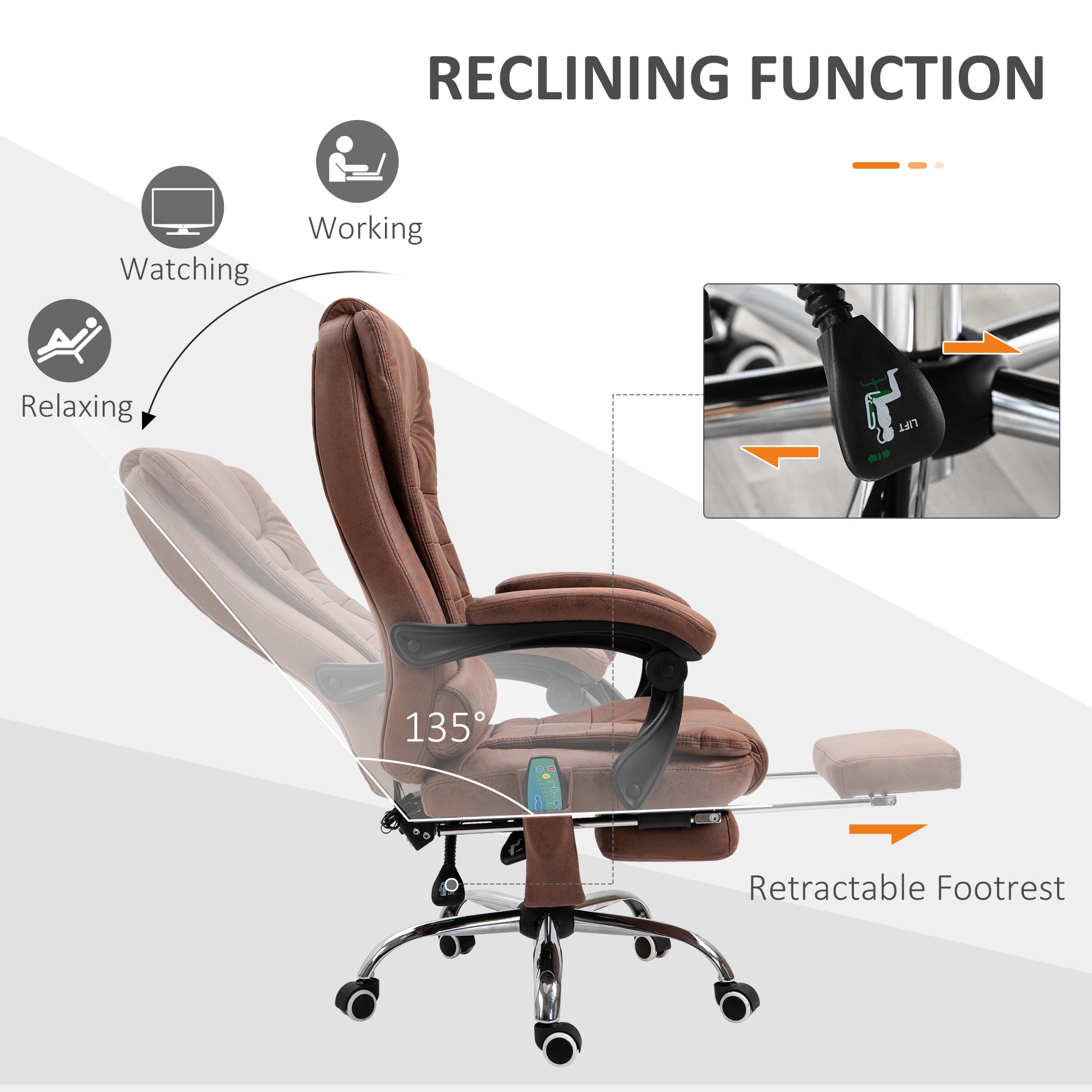 Heated 6 Points Vibration Massage Executive Office Chair Adjustable Swivel Ergonomic High Back Desk Chair Recliner with Footrest Brown