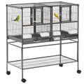 Double Rolling Metal Parrot Bird Cage with Removable Tray, Storage Shelf, Wood Perch & Food Container - Black/Gray