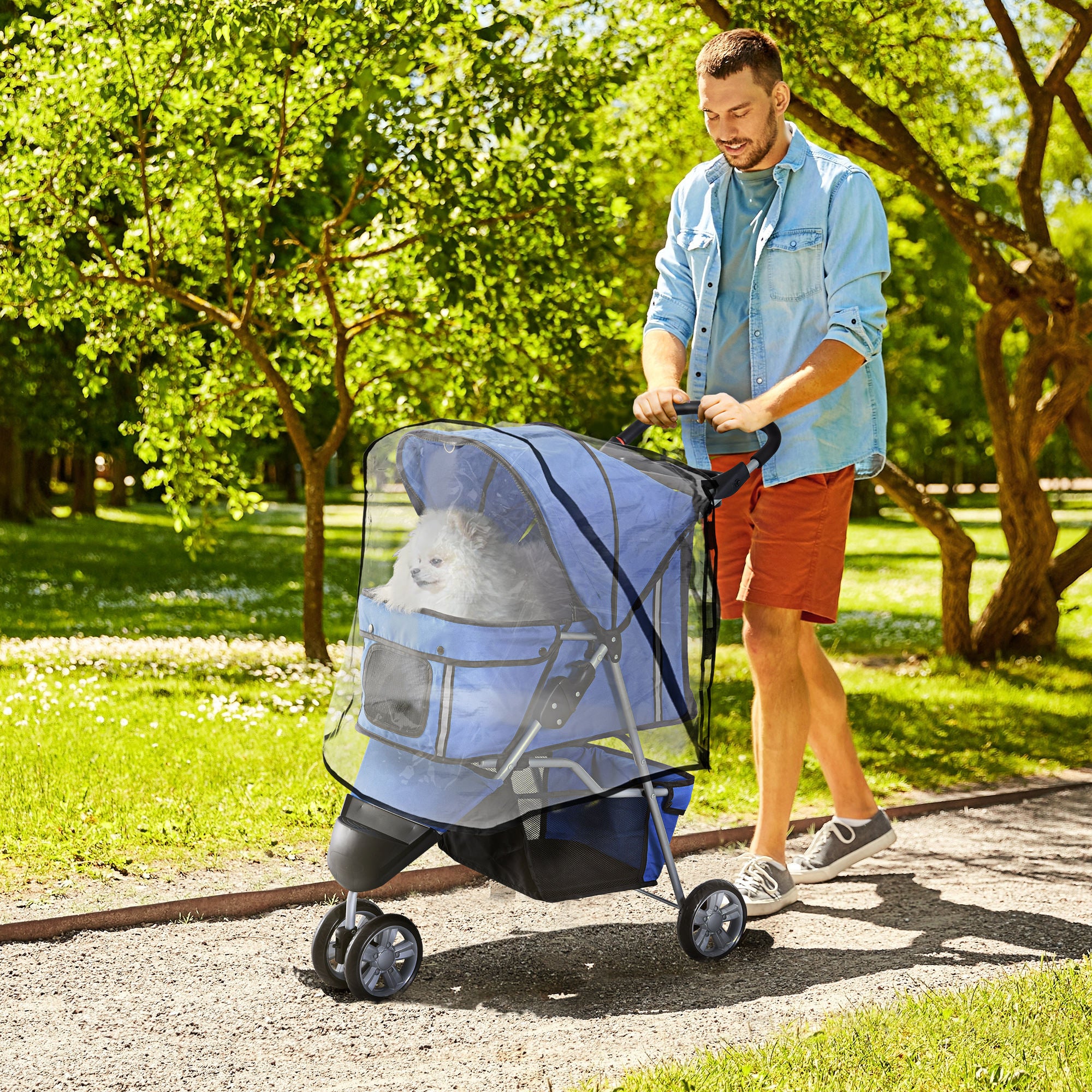 Dog Stroller with Cover for Small Miniature Dogs, Folding Cat Pram Dog Pushchair with Cup Holder, Storage Basket, Reflective Strips, Blue