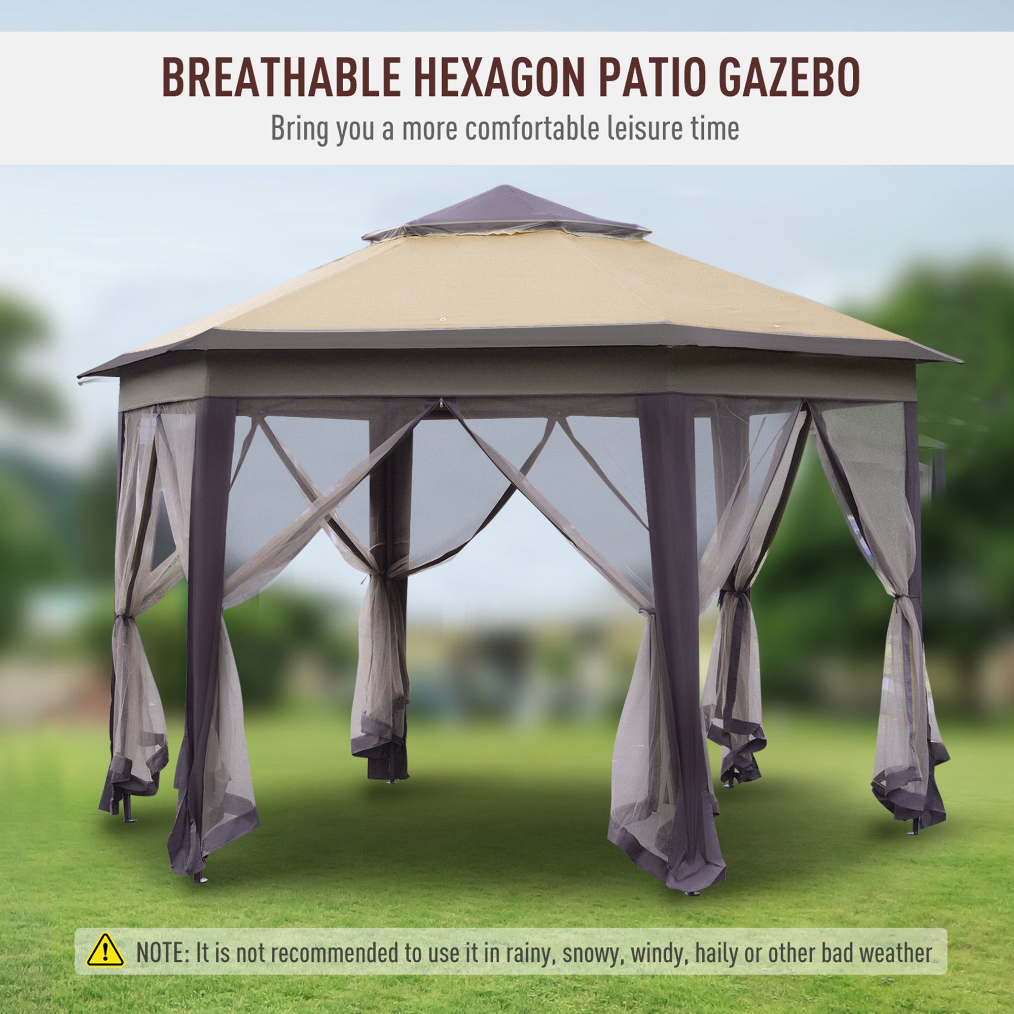 Hexagon Patio Gazebo Pop Up Gazebo Outdoor Double Roof Instant Shelter with Netting, 4m x 4m, Beige