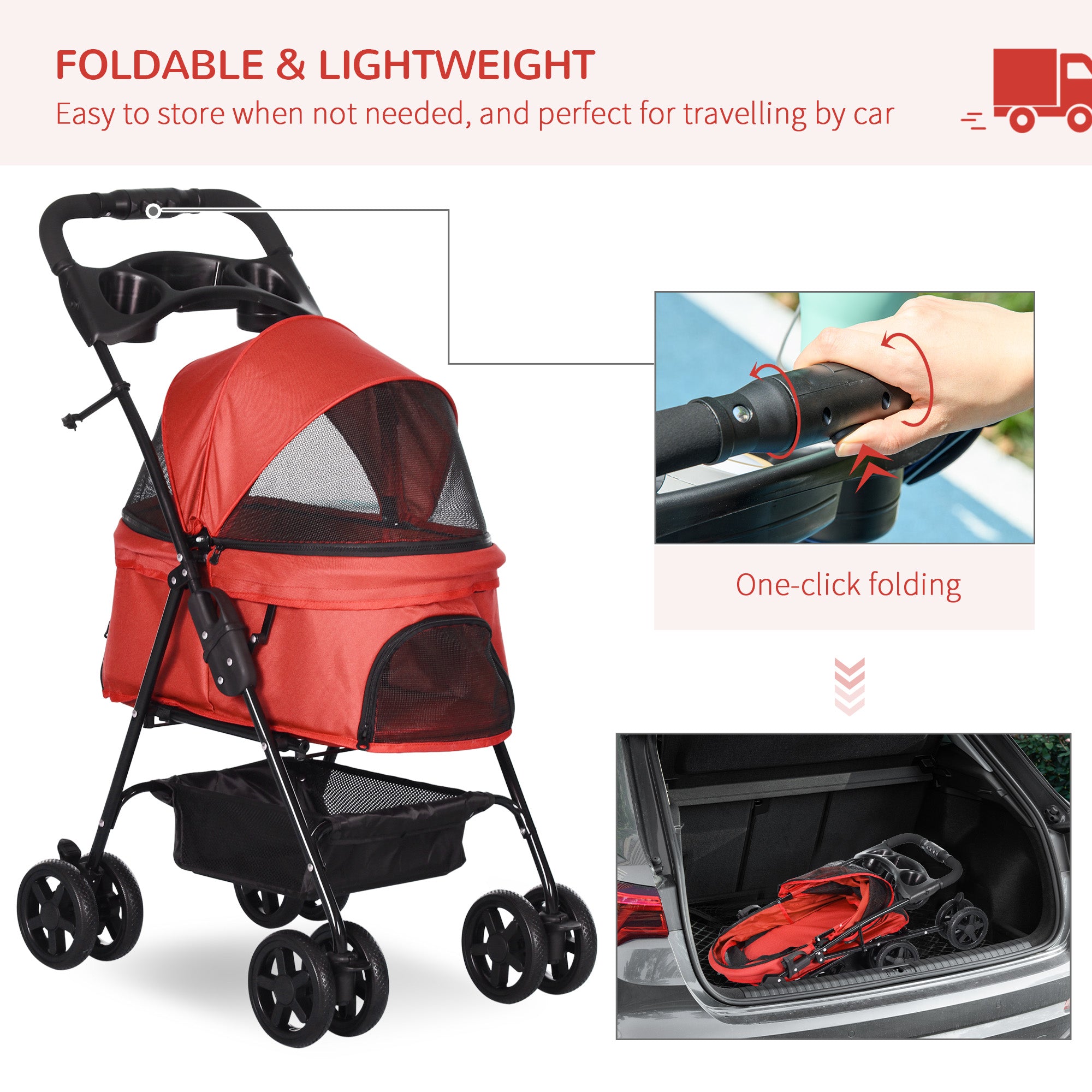 Dog Stroller with Rain Cover, Dog Pushchair One-Click Fold Trolley with EVA Wheels Brake Basket Adjustable Canopy Safety Leash