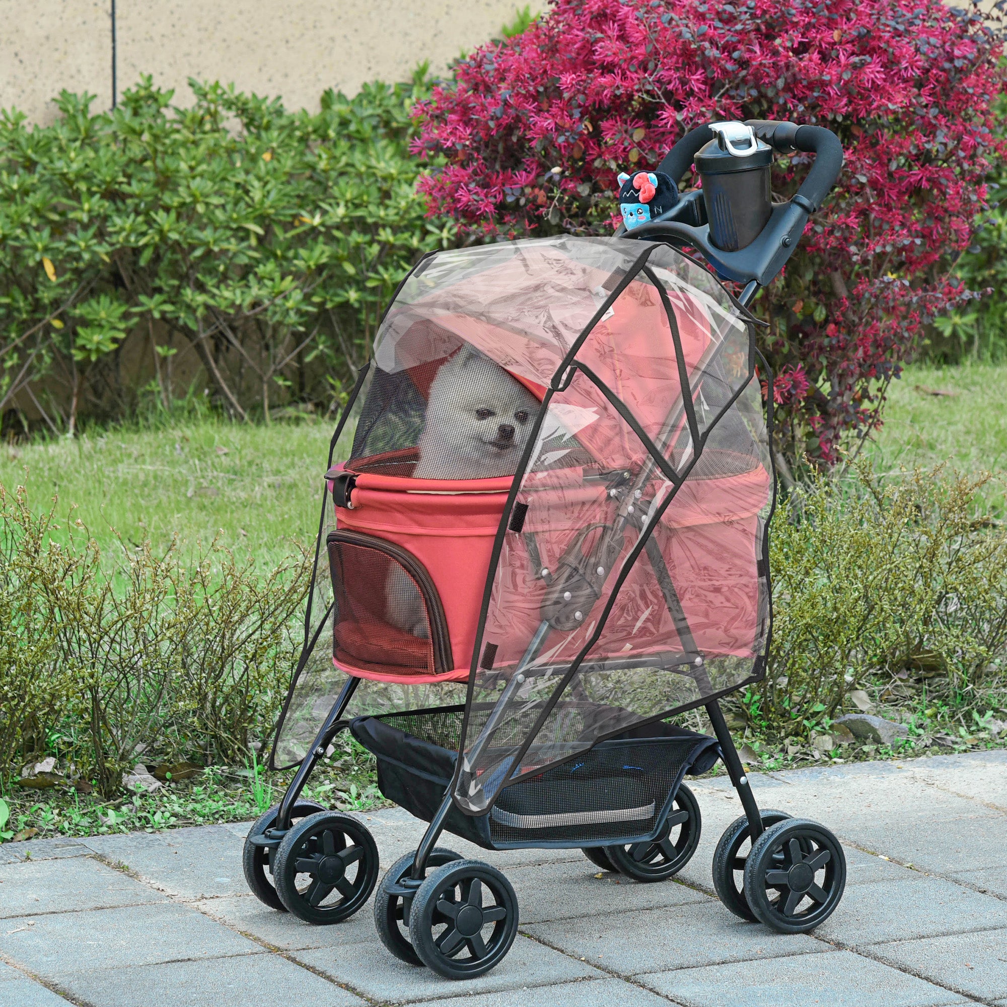 Dog Stroller with Rain Cover, Dog Pushchair One-Click Fold Trolley with EVA Wheels Brake Basket Adjustable Canopy Safety Leash