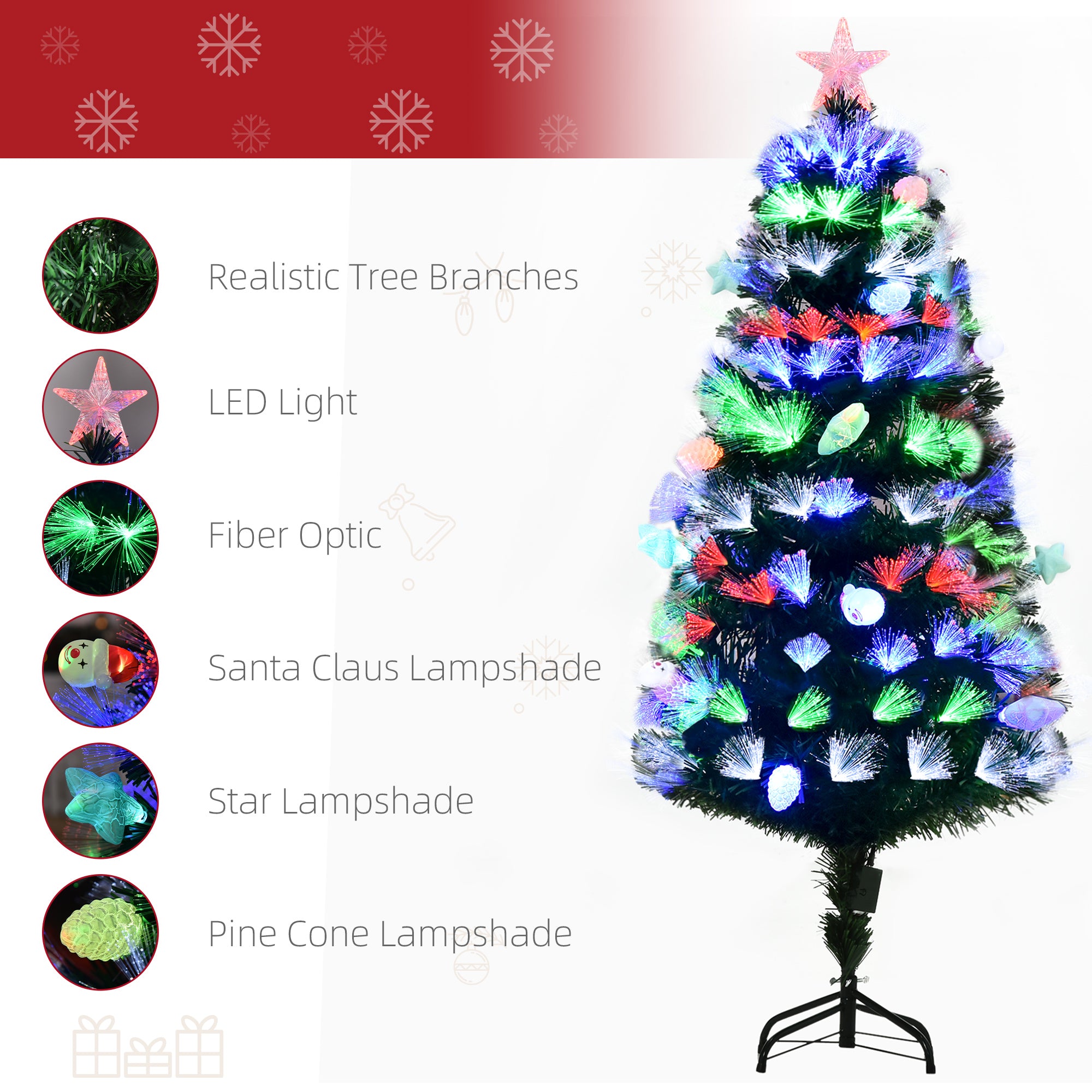 5FT Pre-Lit Artificial Christmas Tree w/ Fibre Optic Baubles Fitted Star LED Light Holiday Home Xmas Decoration-Green