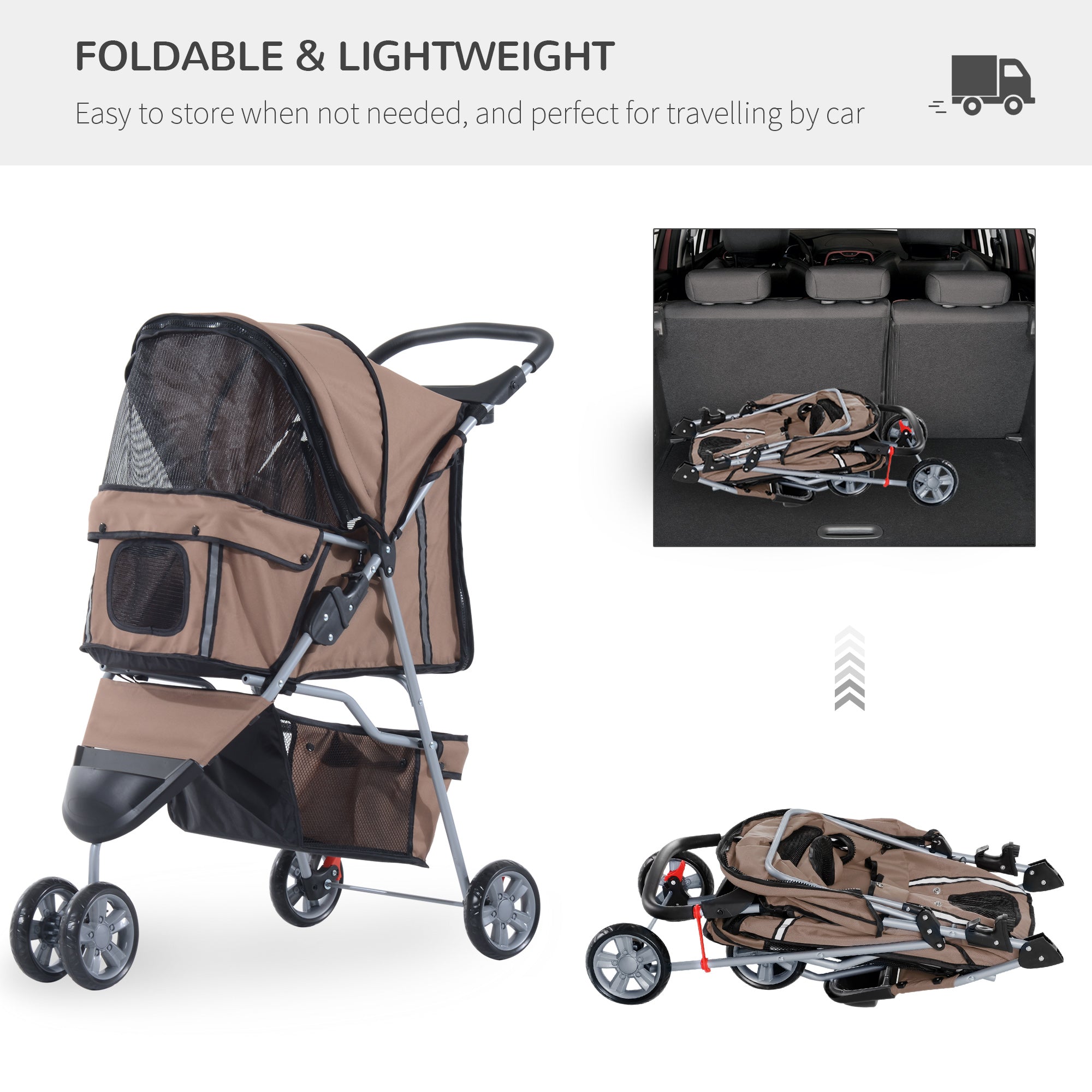 Dog Pram Pet Travel Stroller Dog Pushchair W/Three Wheels-Coffee