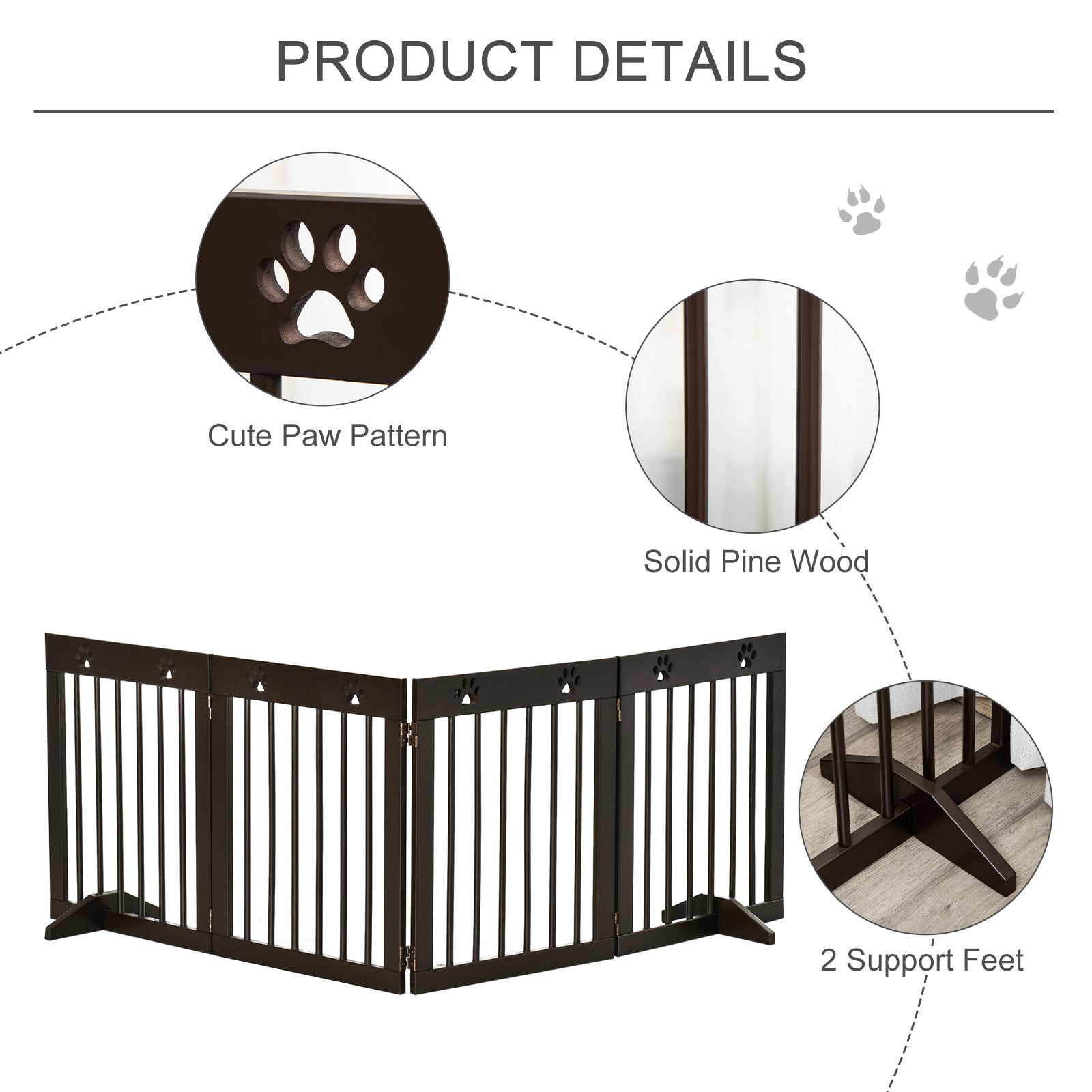 Freestanding Pet Gate 4 Panel Wooden Dog Barrier Folding Safety Fence with Support Feet up to 204cm Long 61cm Tall for Doorway Stairs Brown