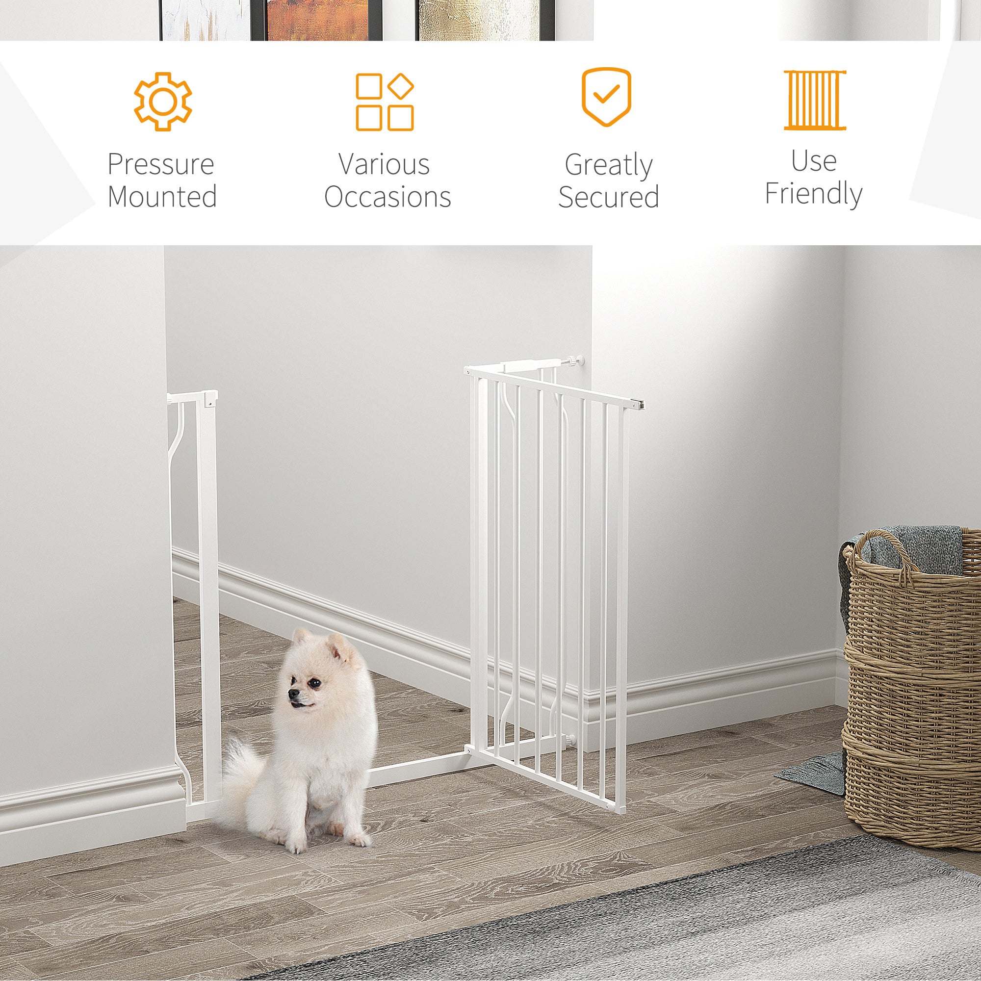 Wide Dog Safety Gate, with Door Pressure, for Doorways, Hallways, Staircases - White