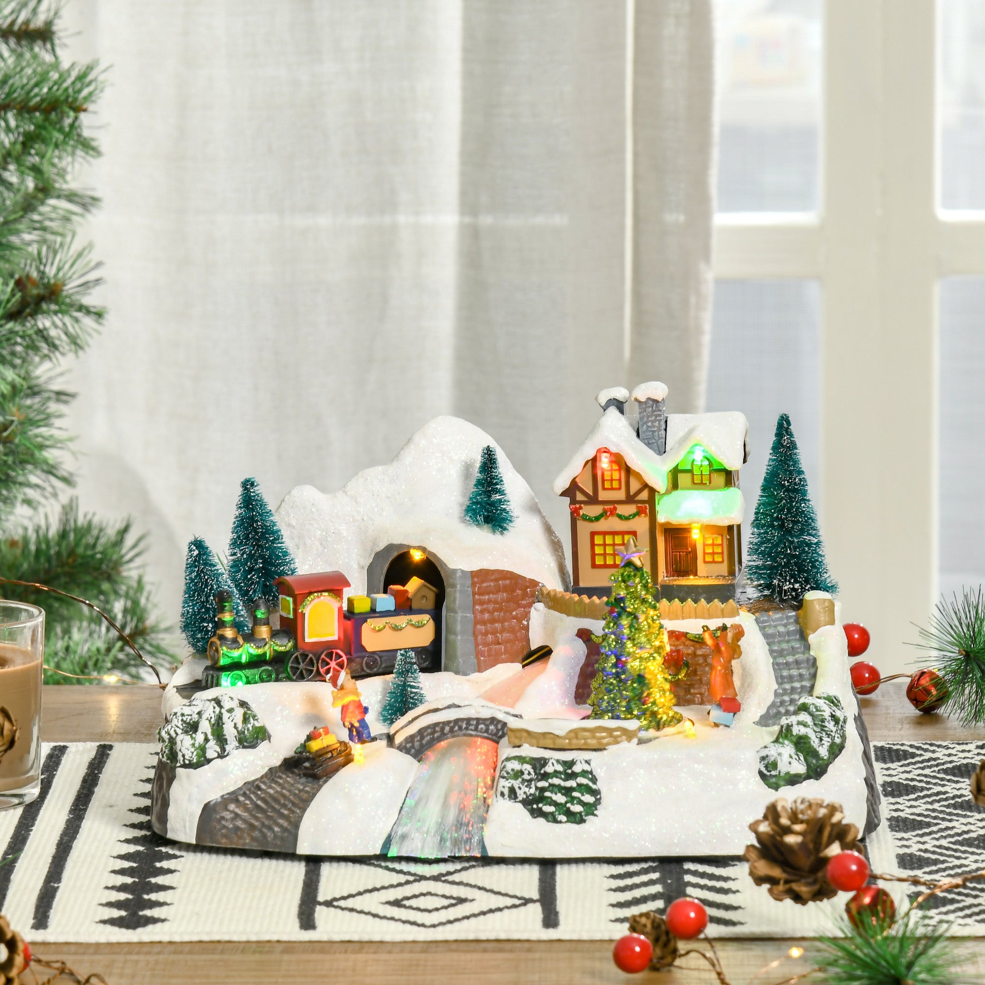 Prelit Christmas Musical Villages with Rotating Tree Animated Xmas Village with Sound Fibre Optic Transformer Festival Decoration for Tabletop