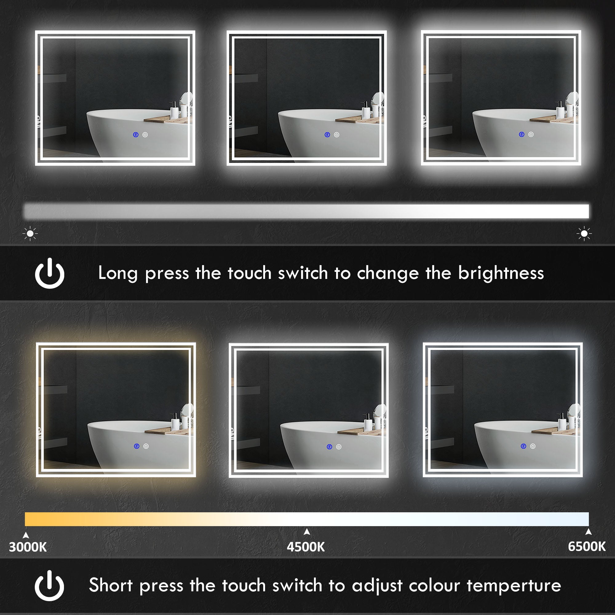 LED Bathroom Mirror with Lights, Illuminated Makeup Mirror, Vanity Mirror with 3 Colour, Smart Touch, Anti-Fog