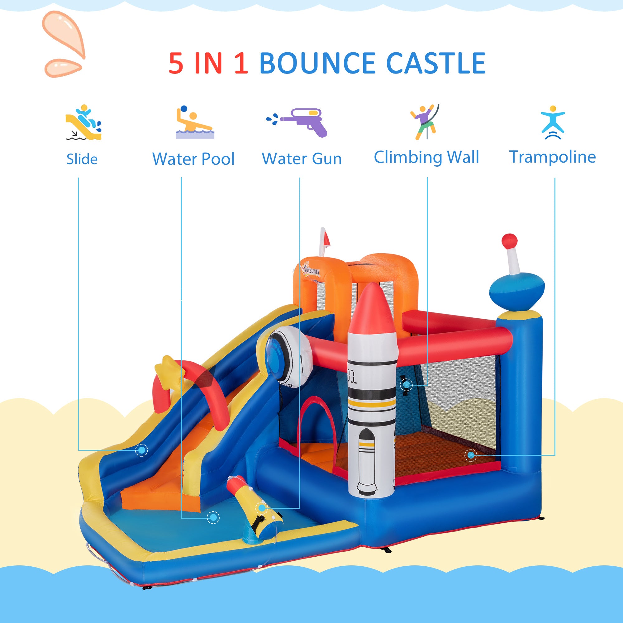 5 in 1 Kids Bounce Castle Large Water Space Style Inflatable House Slide Trampoline Pool Water Gun Climbing Wall for Kids Age 3-8