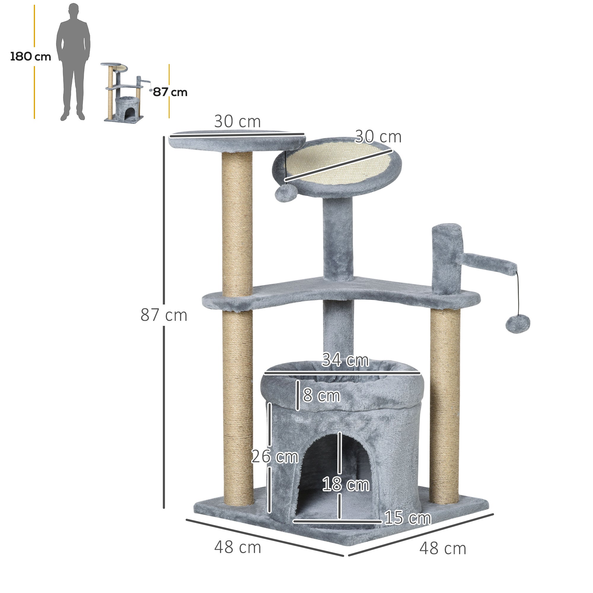 Cat Tree Tower Kitten Activity Center Scratching Post with Condo Bed Scratcher Perch Ball Toy Grey