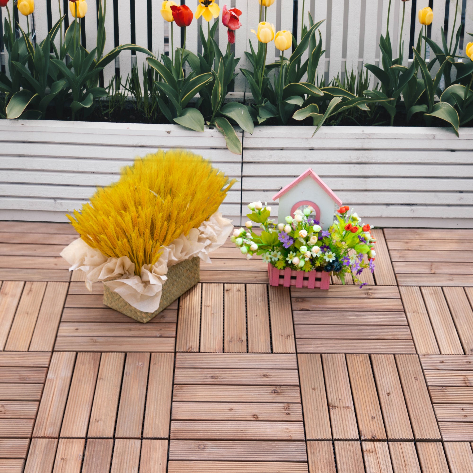 27 Pcs Floor Tiles Interlocking Solid Wood DIY Deck Tiles Indoor Outdoor Flooring