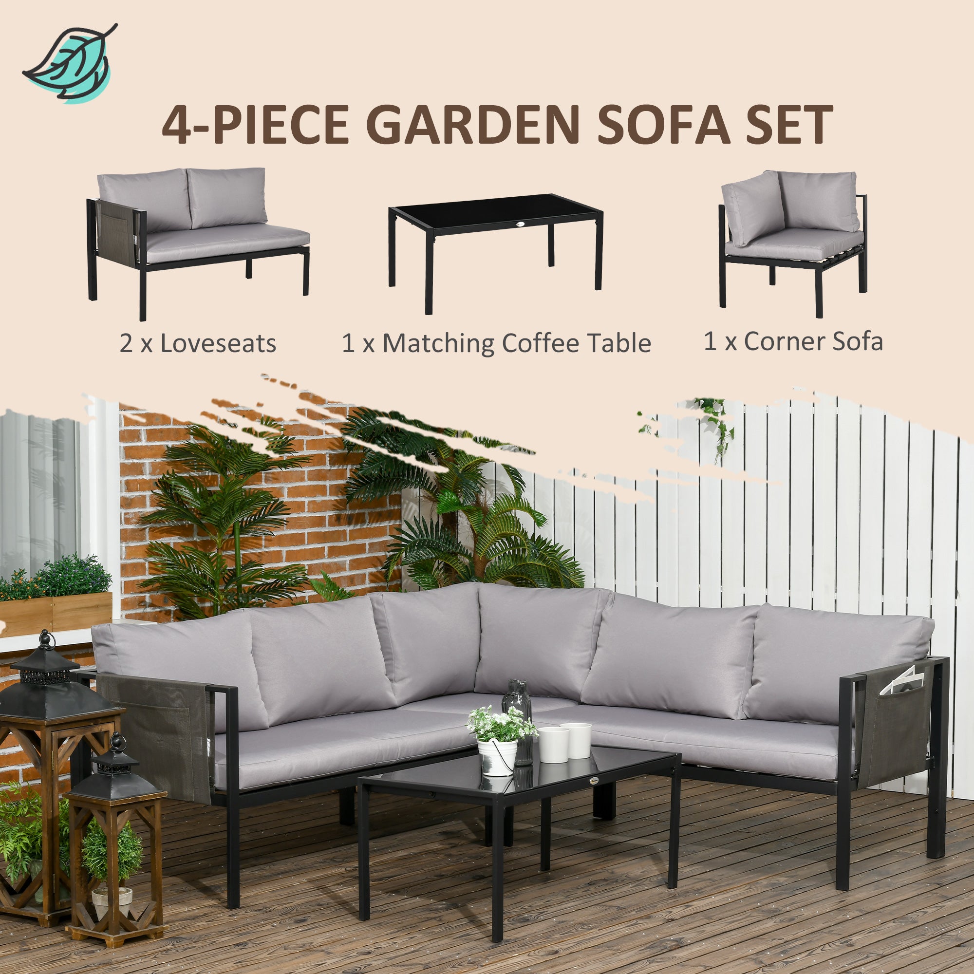 4 Piece Metal Garden Sofa Set with Tempered Glass Table Light Grey