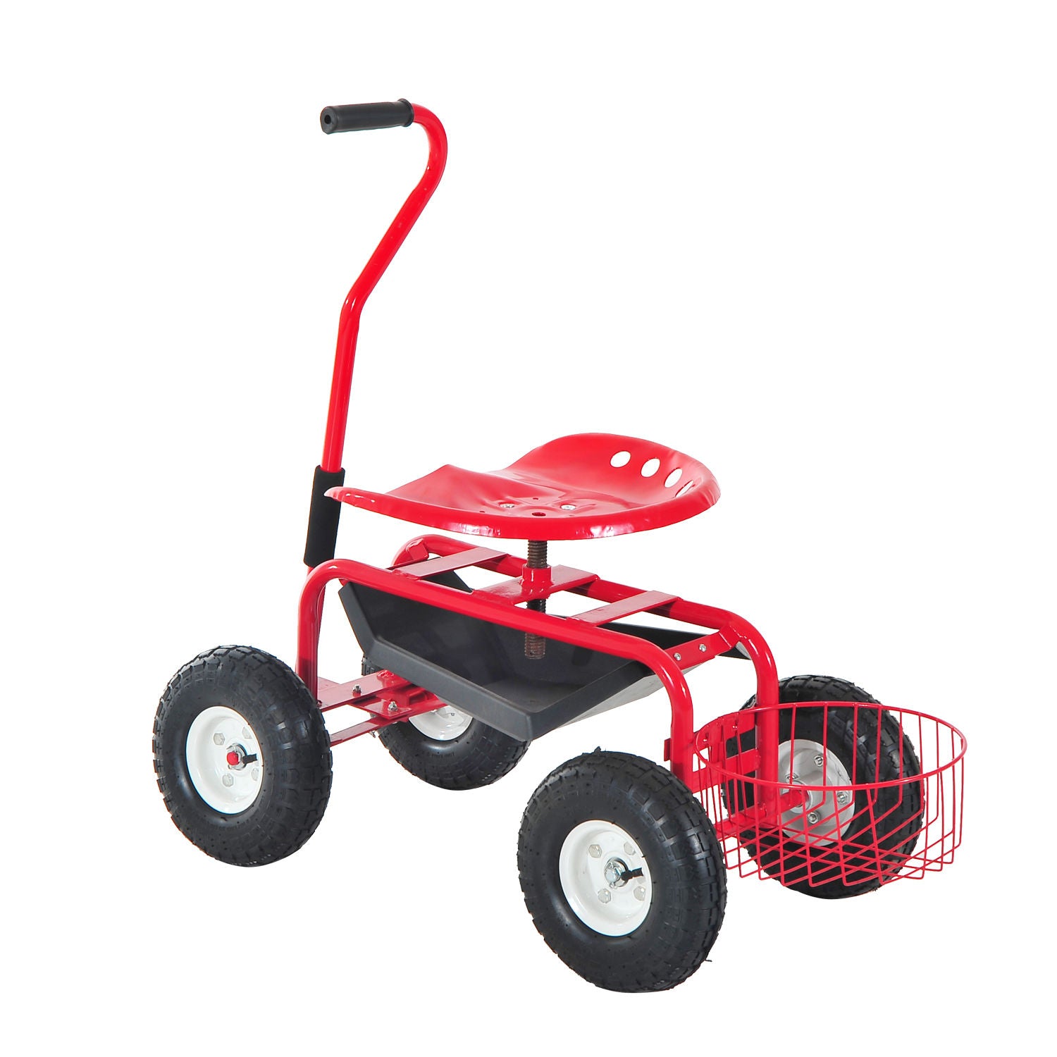 Adjustable Rolling Garden Cart Outdoor Garden Planting Station Trolley Swivel Gardener Work Seat Heavy Duty w/ Tool Tray & Basket Red 150kg