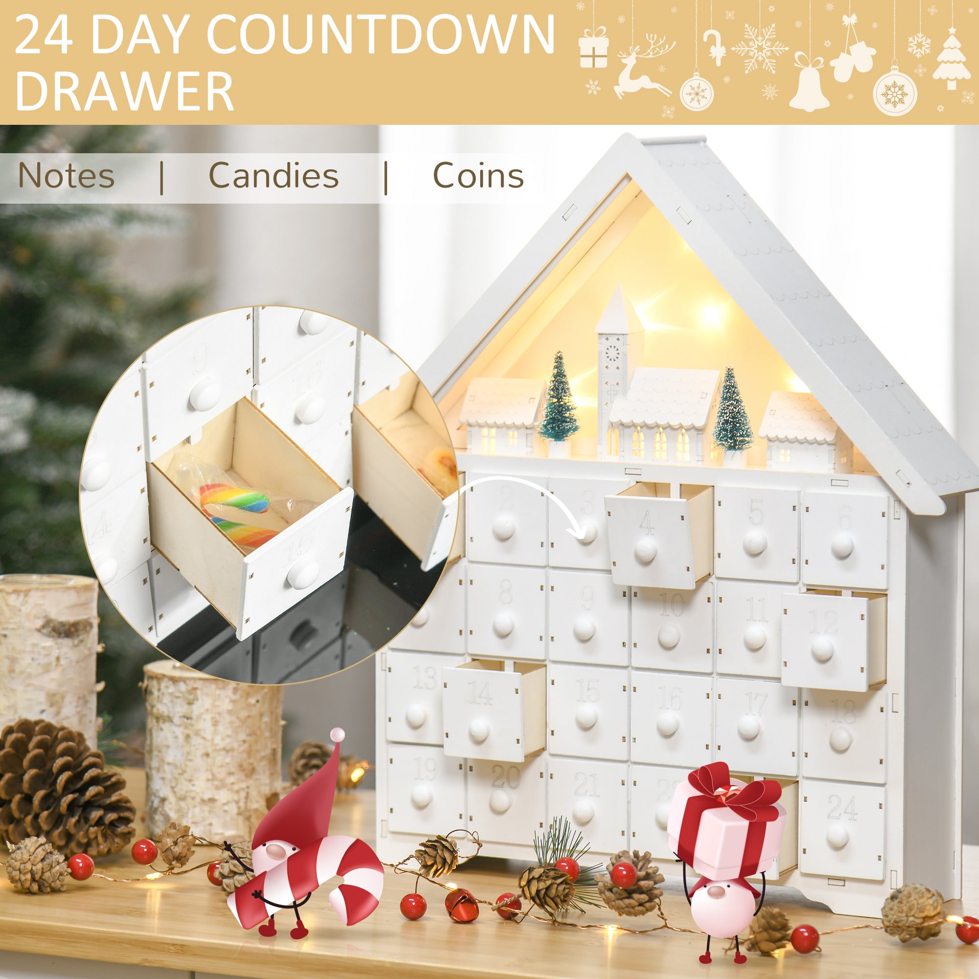 Christmas Advent Calendar, Light Up Table Xmas Wooden House Holiday Decoration with Countdown Drawer, Village, for kids Adults, White