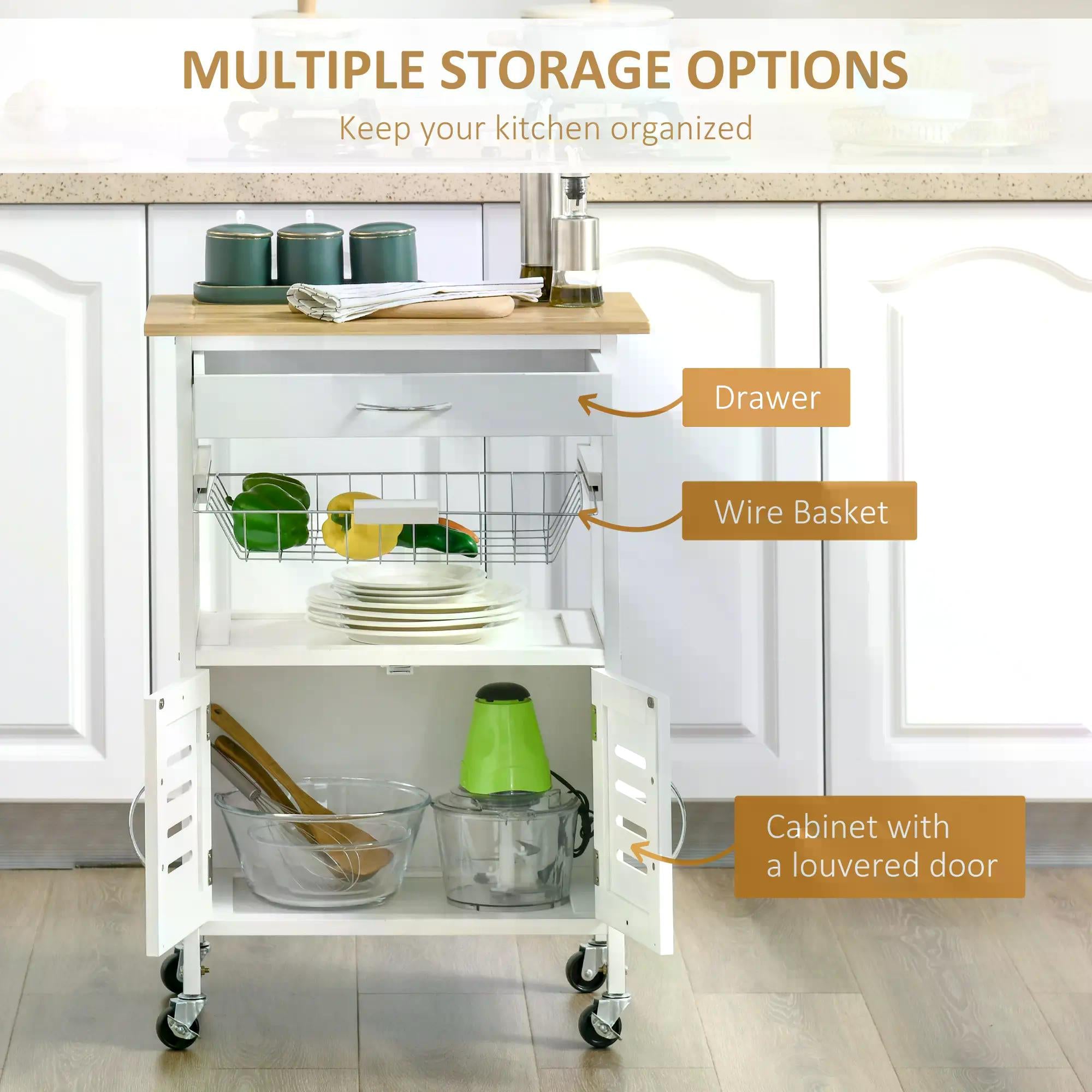 Rolling Kitchen Island Trolley Utility Cart on Wheels with Bamboo Table Top, Storage Cabinet, Drawer and Wire Basket - White