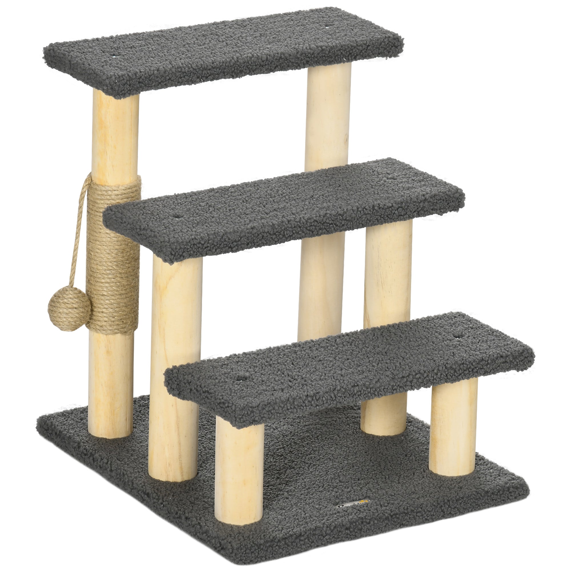 48cm Cat Tree, 3-Layer Kitty Ladder, Cat Climbing Toy, Cat Tower with Ball Toy Jute Scratching Post, Grey