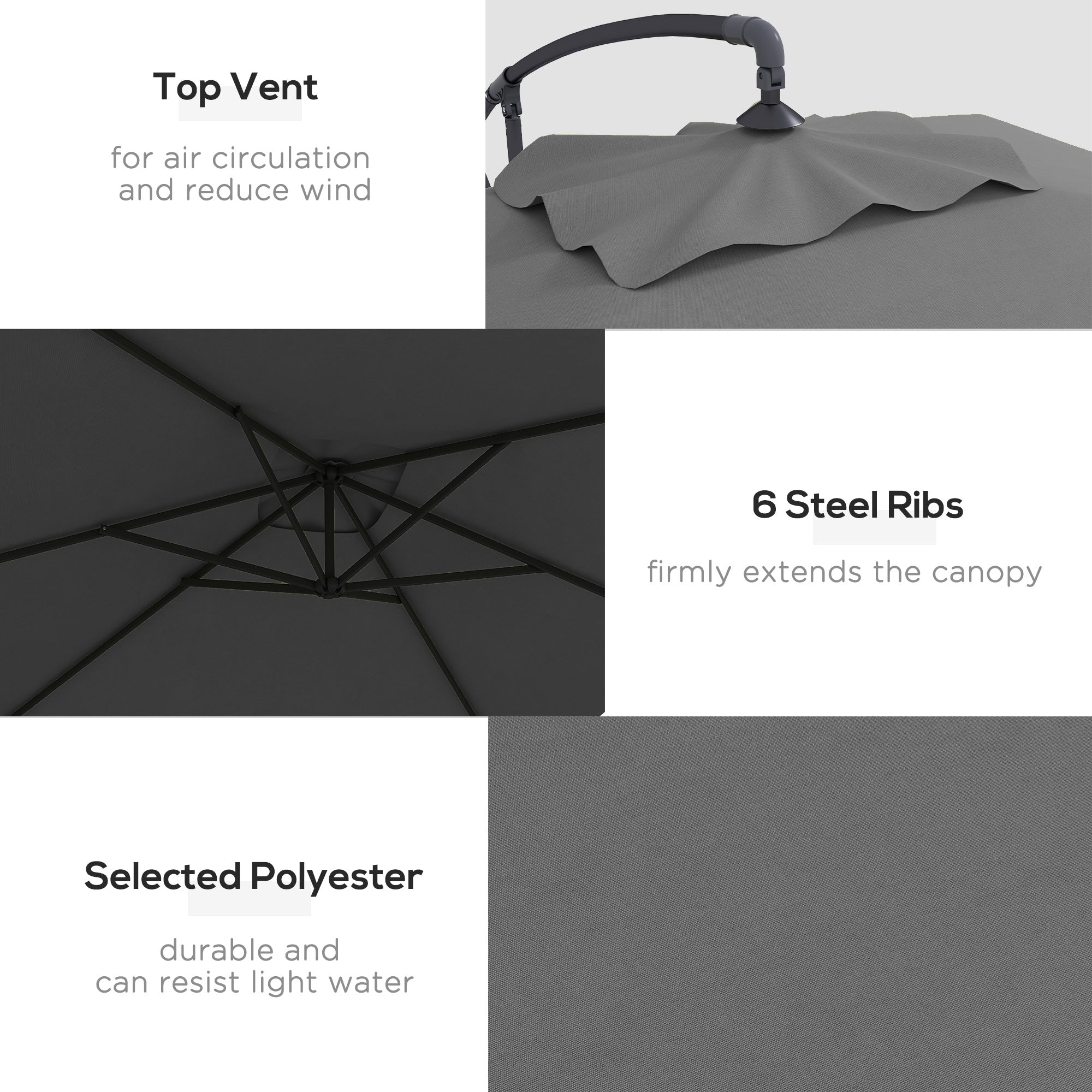 3x2m Rectangular Cantilever Parasol with Crank Handle and Cross Base - Grey