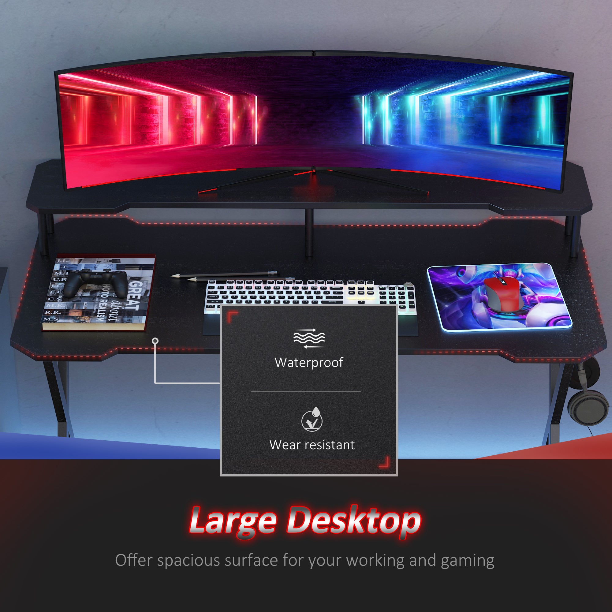 Gaming Computer Desk Writing Racing Table Workstation with Headphone Hook Curved Front Adjustable Feet for Home Office Use