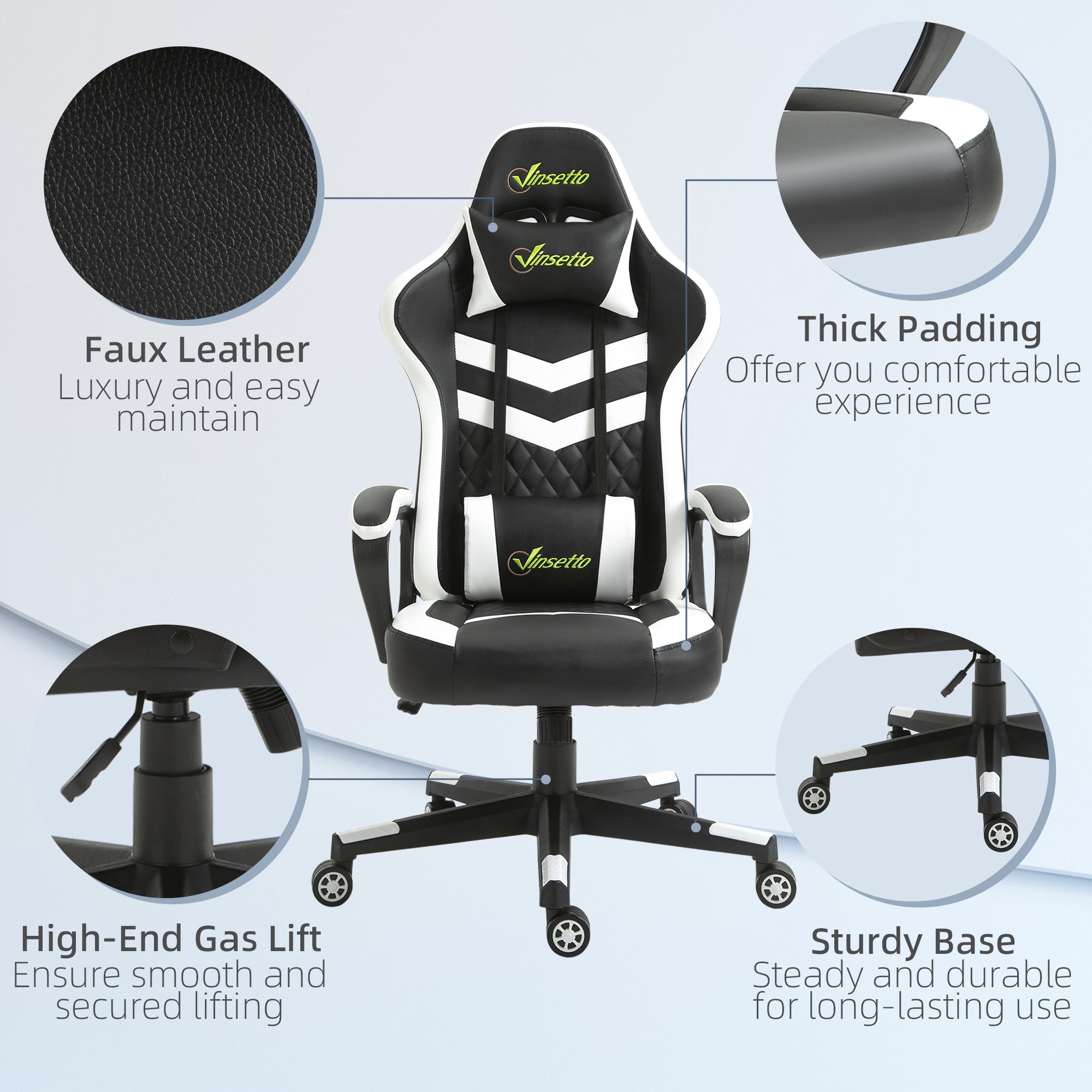 Racing Gaming Chair with Lumbar Support, Headrest, Swivel Wheel, PVC Leather Gamer Desk Chair for Home Office, Black White