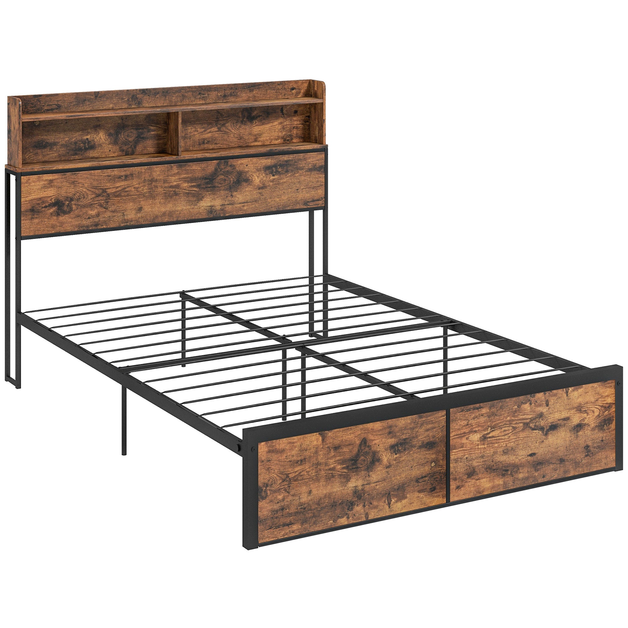 Industrial Double Bed Frame, 4.8FT Steel Bed Base w/ Storage Headboard, Footboard, Under Bed Storage, 145 x 209cm, Rustic Brown