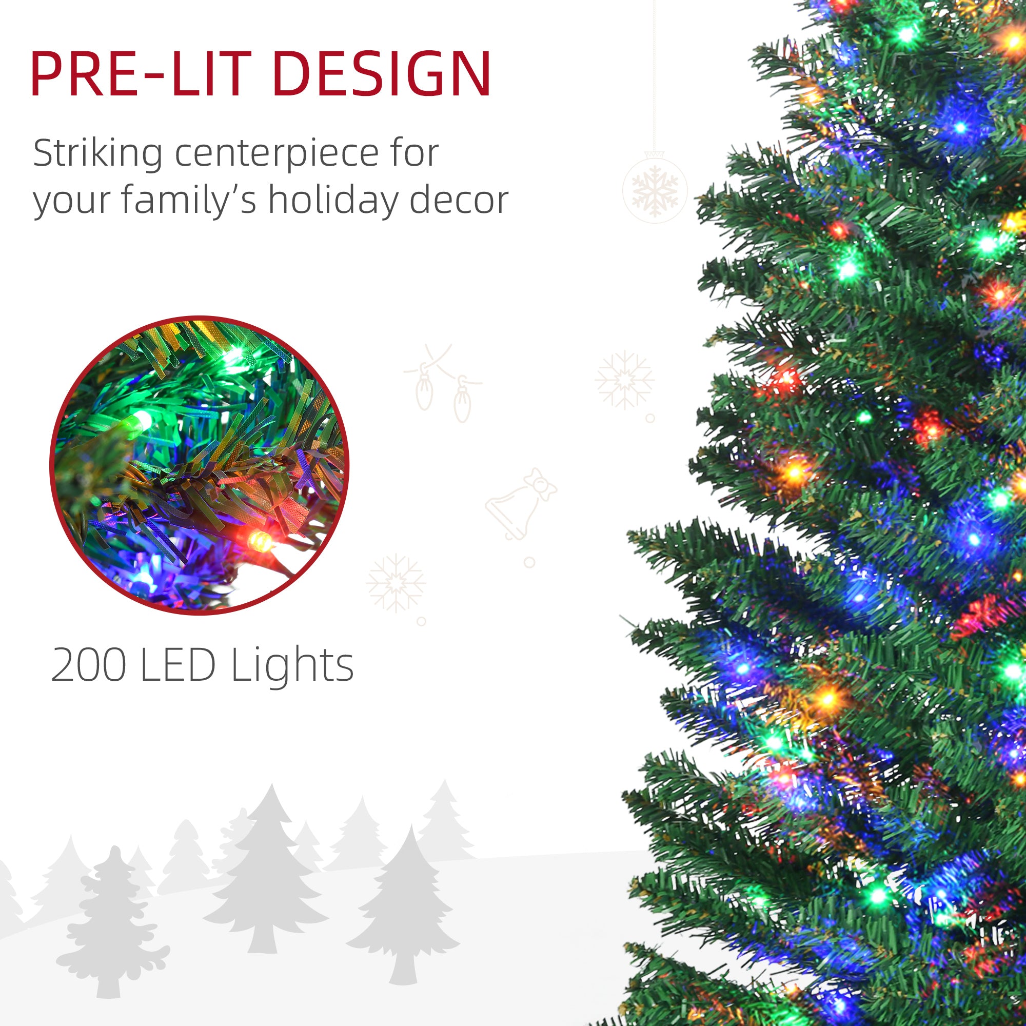 7.5' Artificial Prelit Christmas Trees Holiday Décor with Colourful LED Lights, Pencil Shape, Steel Base