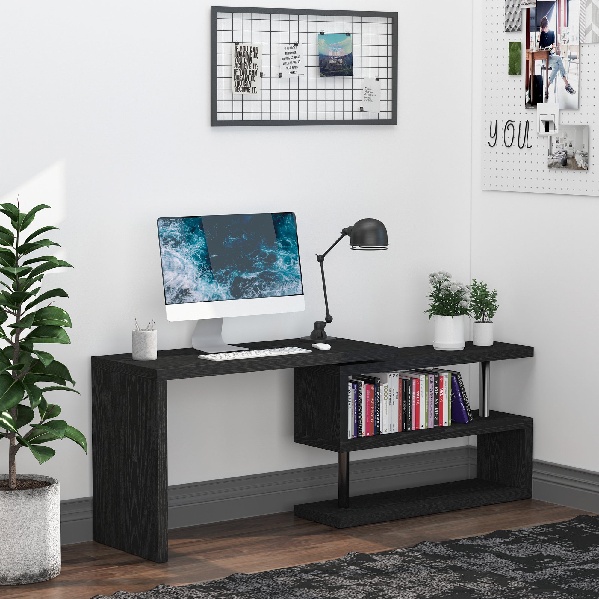 360° Rotating L-Shaped Corner Computer Desk Home Office Writing Table Swivel Workstation with Storage Shelf, Black