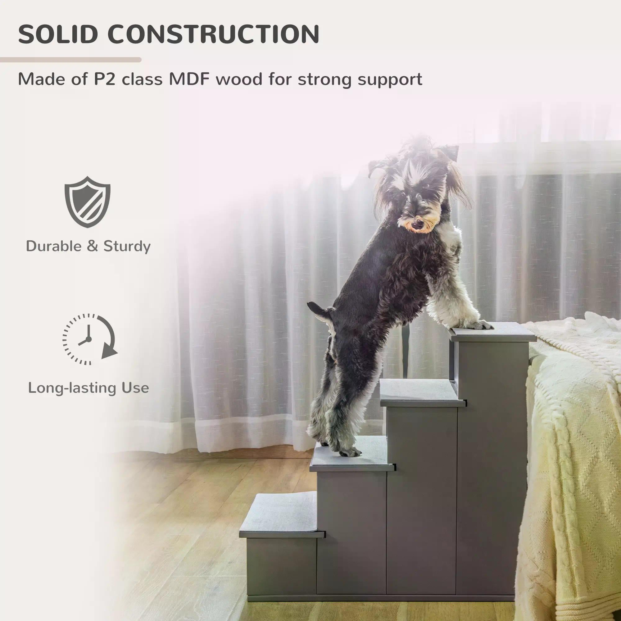 4 Step Wooden Cushioned Pet Stairs Ramp Steps for Dogs, Cat Ladder for Bed Couch with Non-Slip Carpet, 40 x 59 x 54.2 cm, Grey