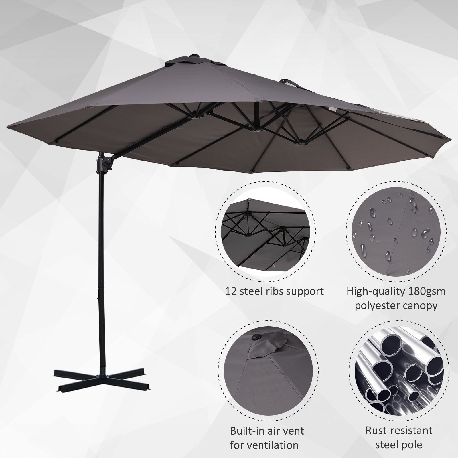 Double Parasol Patio Umbrella Garden Sun Shade w/ Steel Pole 12 Support Ribs Crank Handle Easy Lift Twin Canopy - Grey