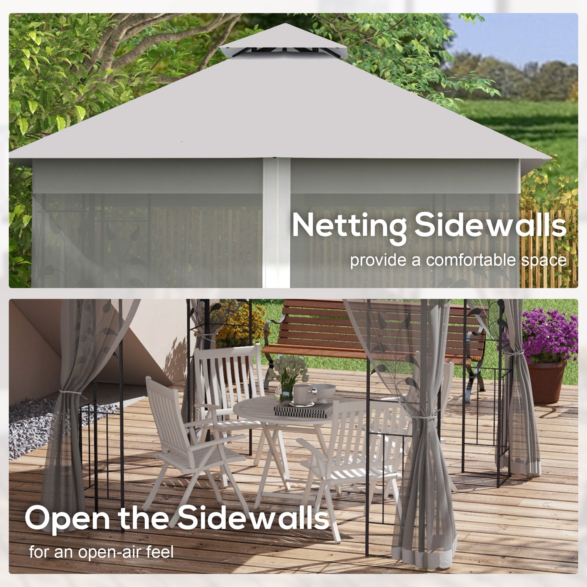 3(m) x 3(m) Double Roof Outdoor Garden Gazebo Canopy Shelter with Netting, Solid Steel Frame, Light Grey