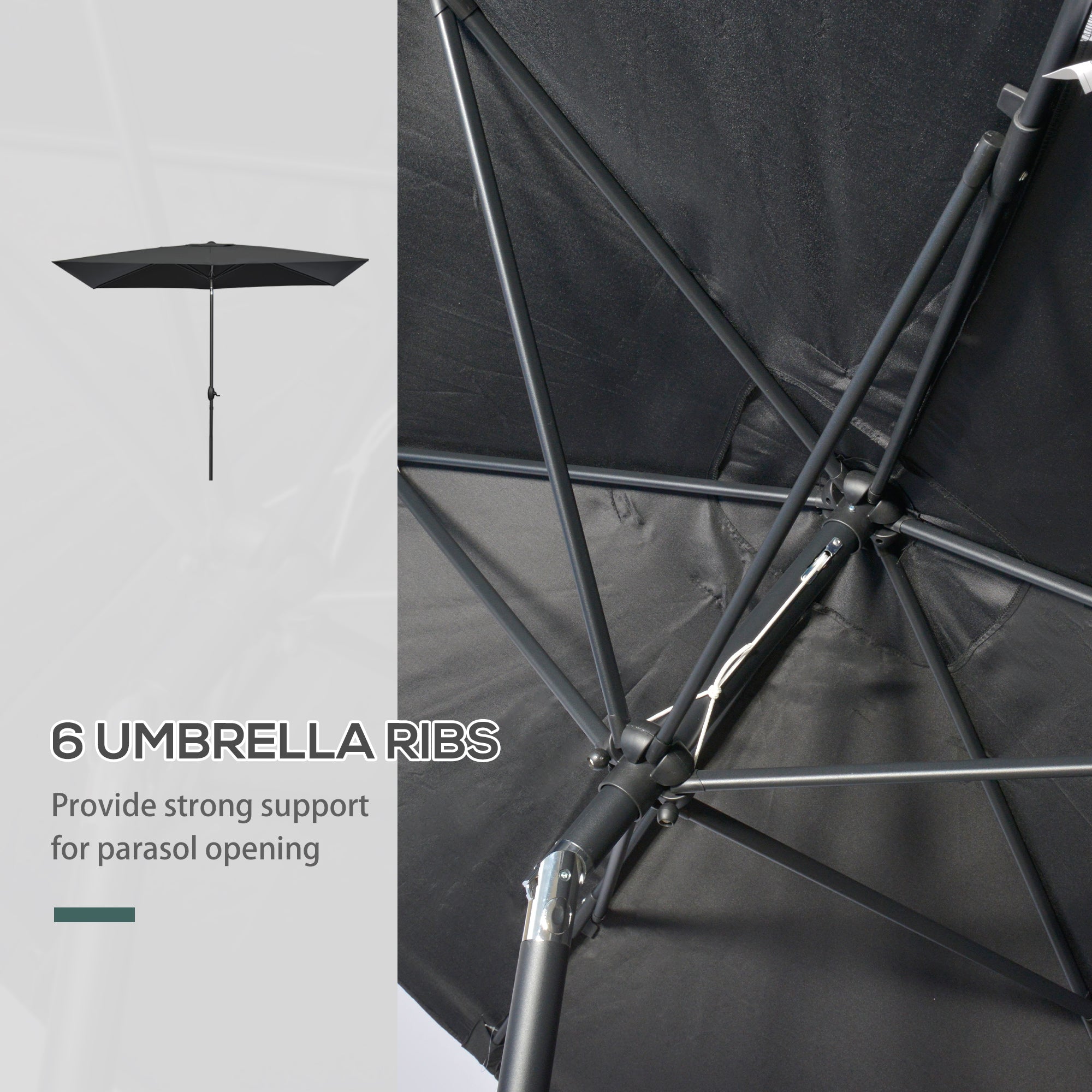 2 x 3(m) Garden Parasols Umbrellas Rectangular Patio Market Umbrella Outdoor Sun Shade w/ Crank & Push Button Tilt, Aluminium Pole, Black