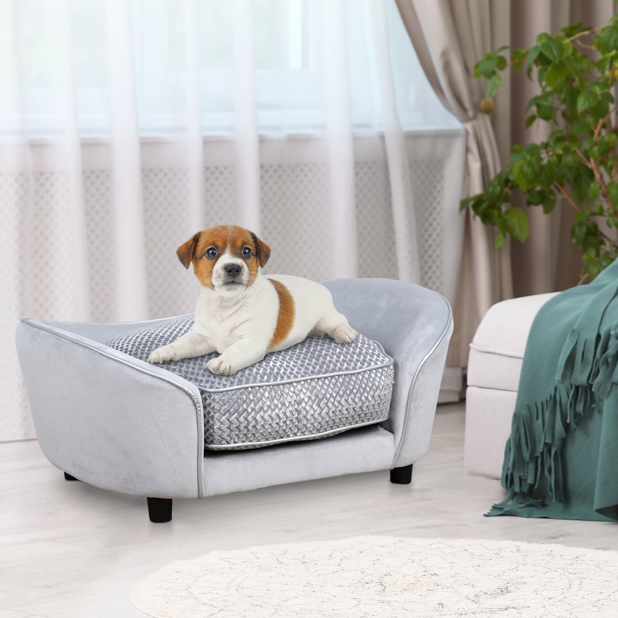 Dog Sofa for XS and S-Size Dogs, Pet Couch with Thick Sponge Padded Cushion, Cat Lounge Bed with Washable Cover, Wooden Frame