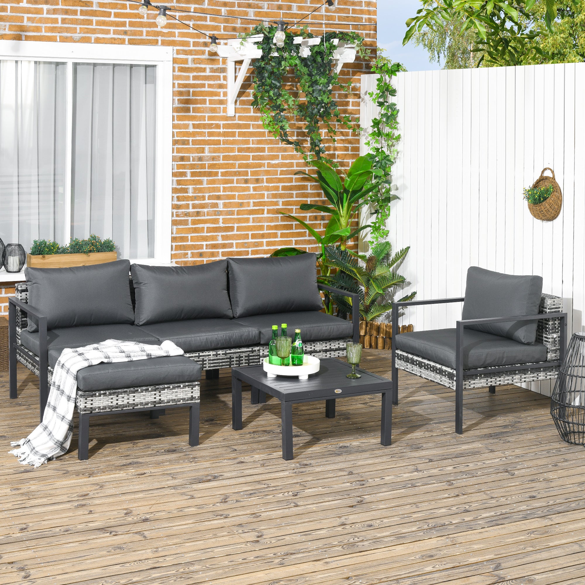 6 Pieces Patio Furniture Set with Sofa, Armchair, Stool, Metal Table, Cushions, for Outdoor, Charcoal Grey