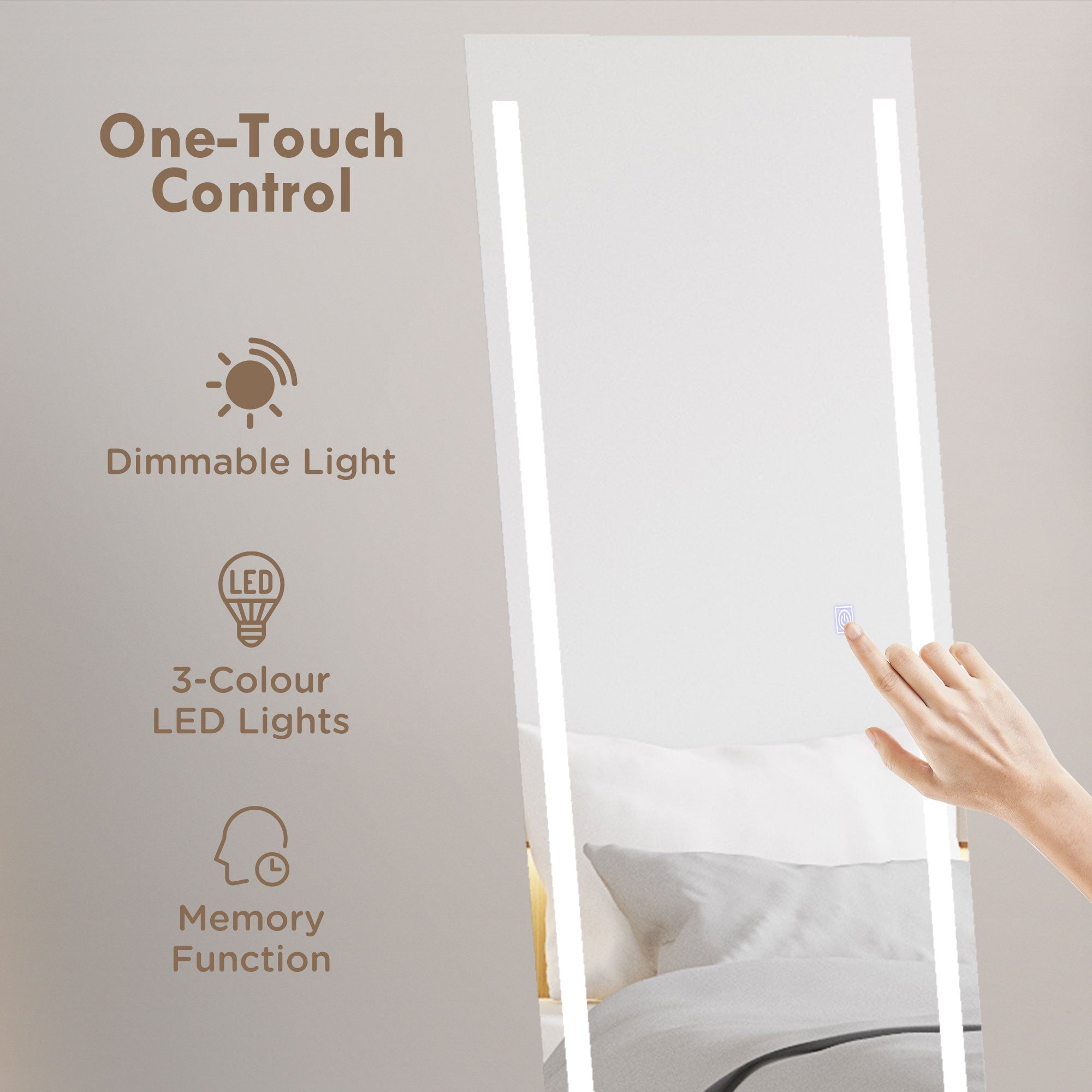 Standing Dressing Mirror with LED Lights, Wall Dressing Mirror for Bedroom with Dimmable and 3 Colour Lighting, White