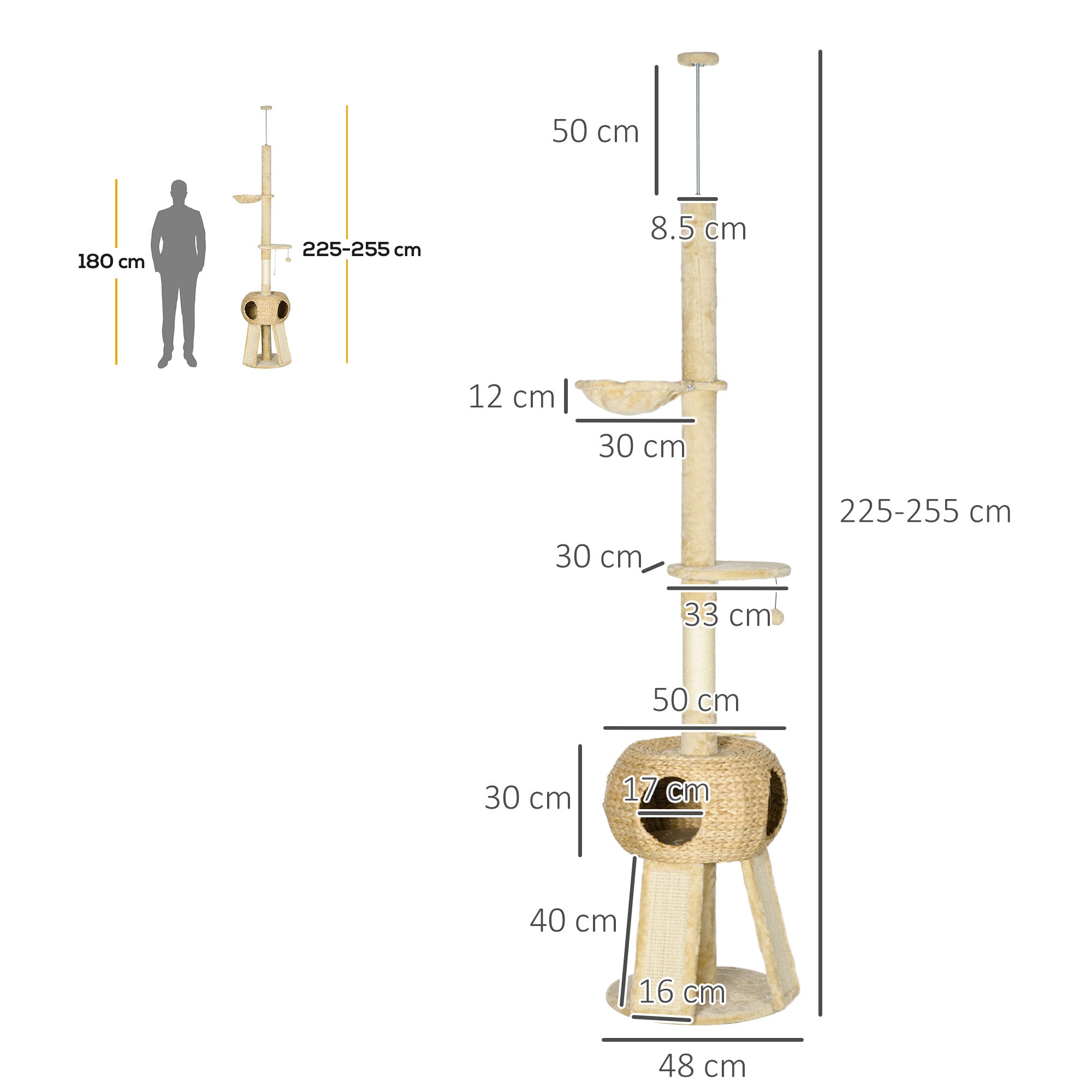 255cm Cat Tree Tower for Indoor Cats, with Scratching Post, Cat House, Platform - Beige