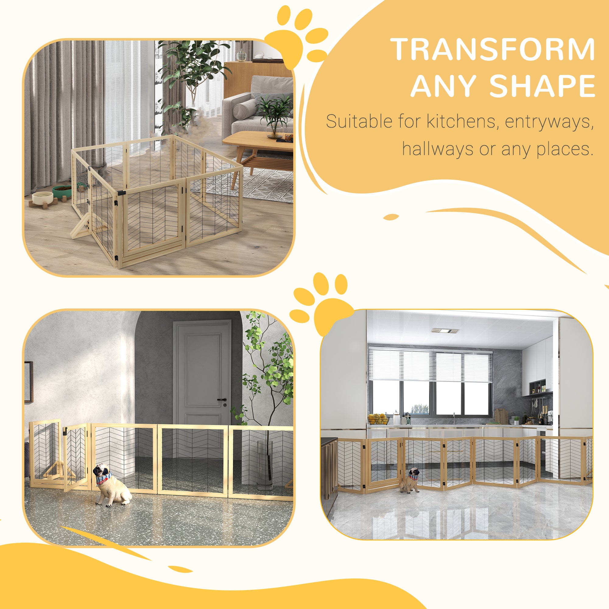 8 Panels Foldable Pet Playpen with Support Feet, for House, Doorway, Stairs, Small and Medium Dogs - Natural Wood Finish