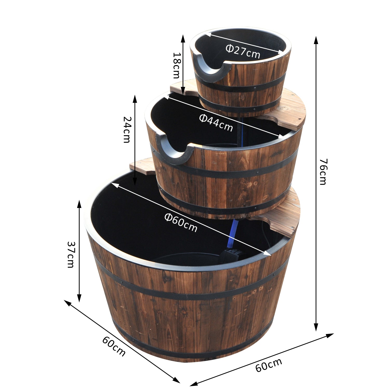 Wooden Water Pump Fountain Cascading Feature Barrel Garden Deck (3 Tier)