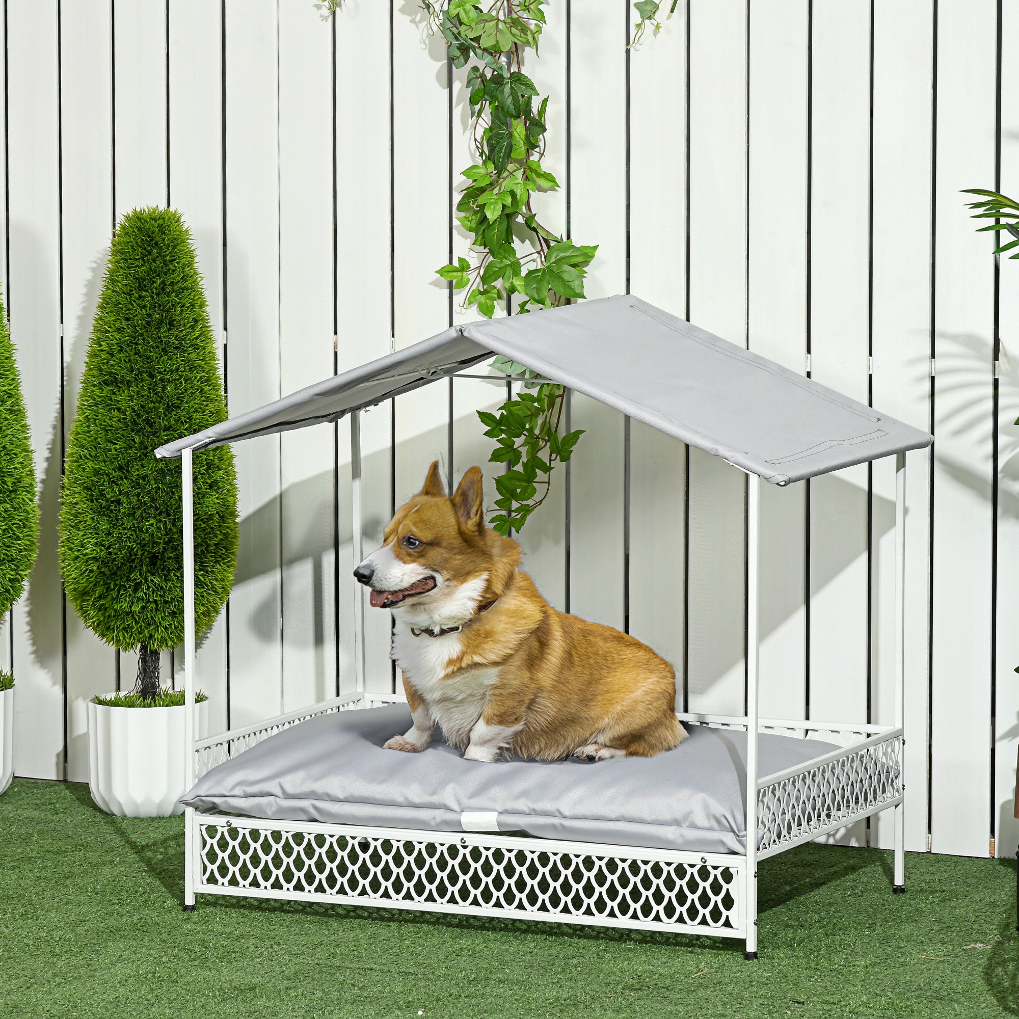 Dog Bed with Water-Resistant Sun Canopy, Elevated Dog Bed with Soft Cushion, for Indoors, Outdoors, Small, Medium Dogs