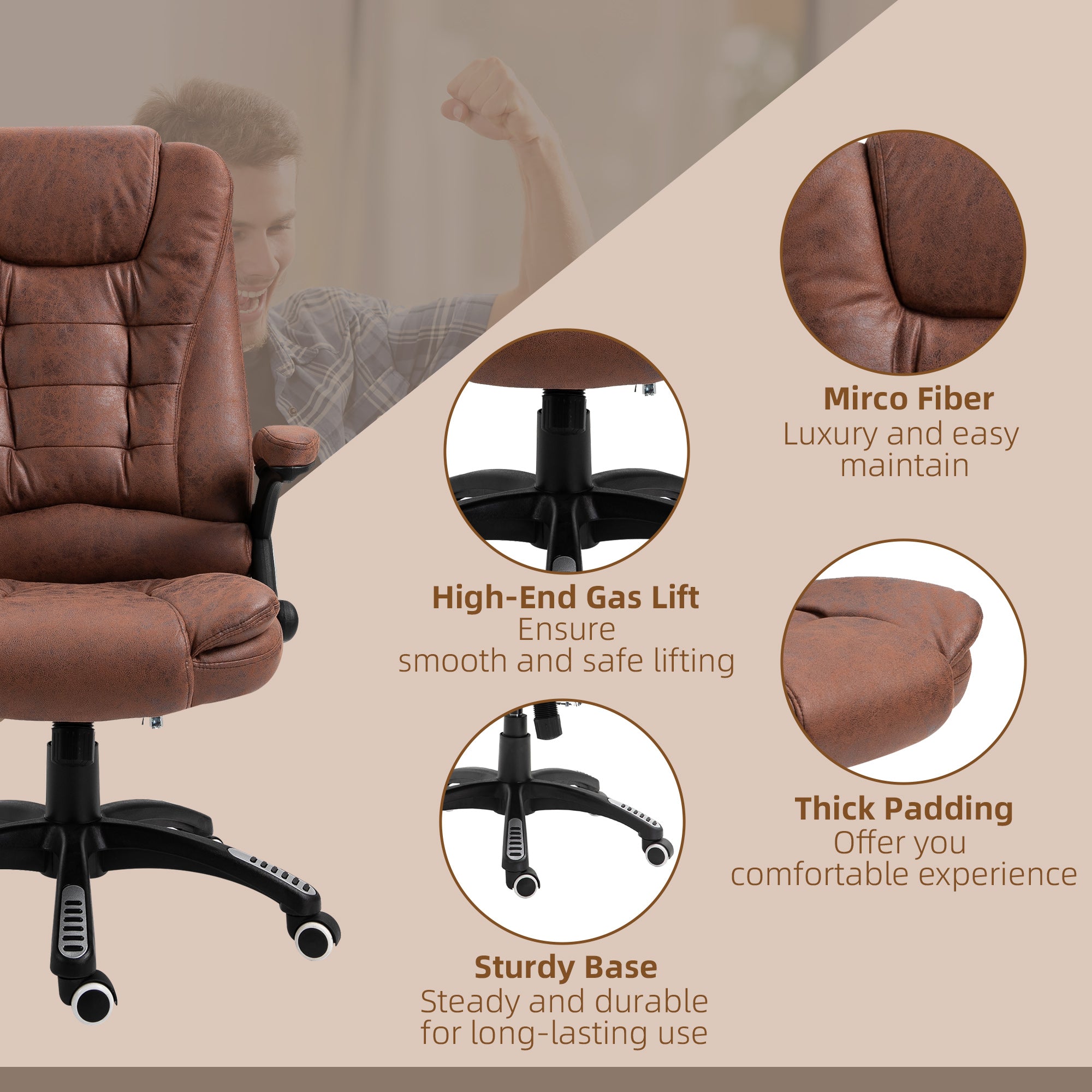 Massage Recliner Chair Heated Office Chair with Six Massage Points Microfiber Cloth 360° Swivel Wheels Brown