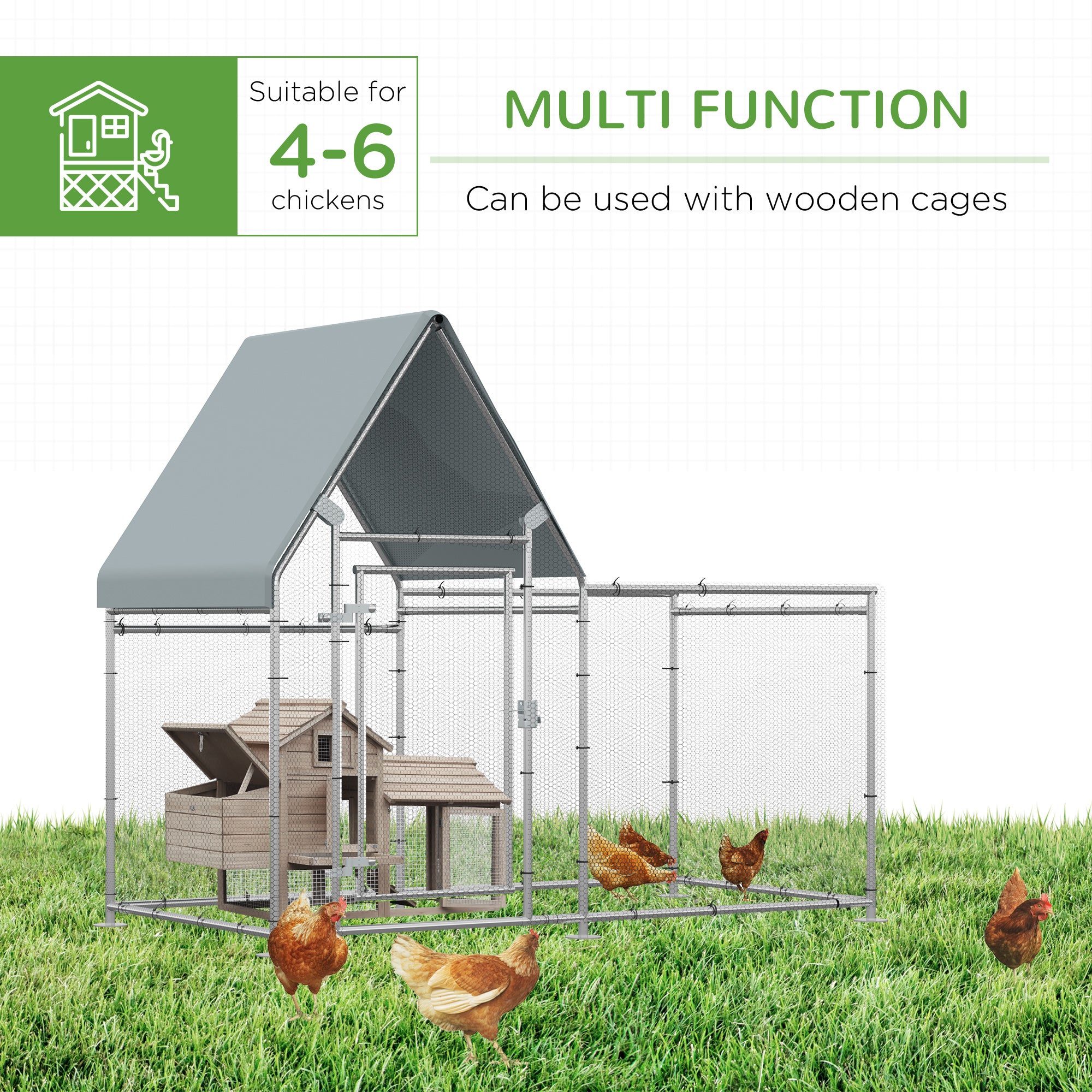 Chicken Run Coop, Large Galvanized Walk In Chicken House, Hen Poultry House Cage, Rabbit Hutch Metal Enclosure Outdoor, 200 x 105 x 172cm