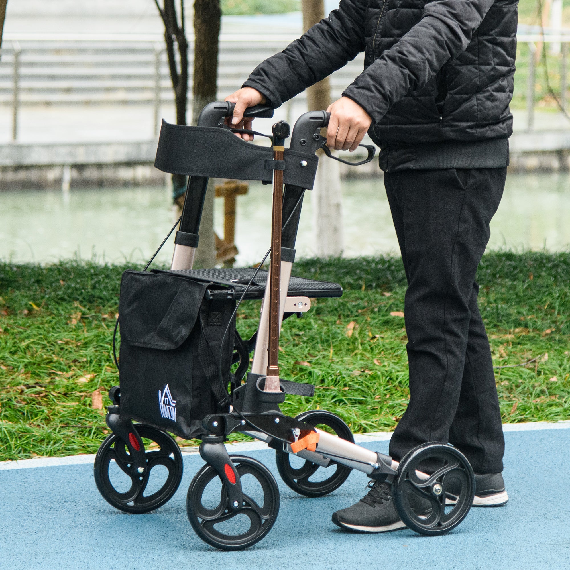 4 Wheel Rollator with Seat and Back, Folding Mobility Walker, Adjustable Height, Dual Brakes, Cane Holder, Lightweight Aluminium