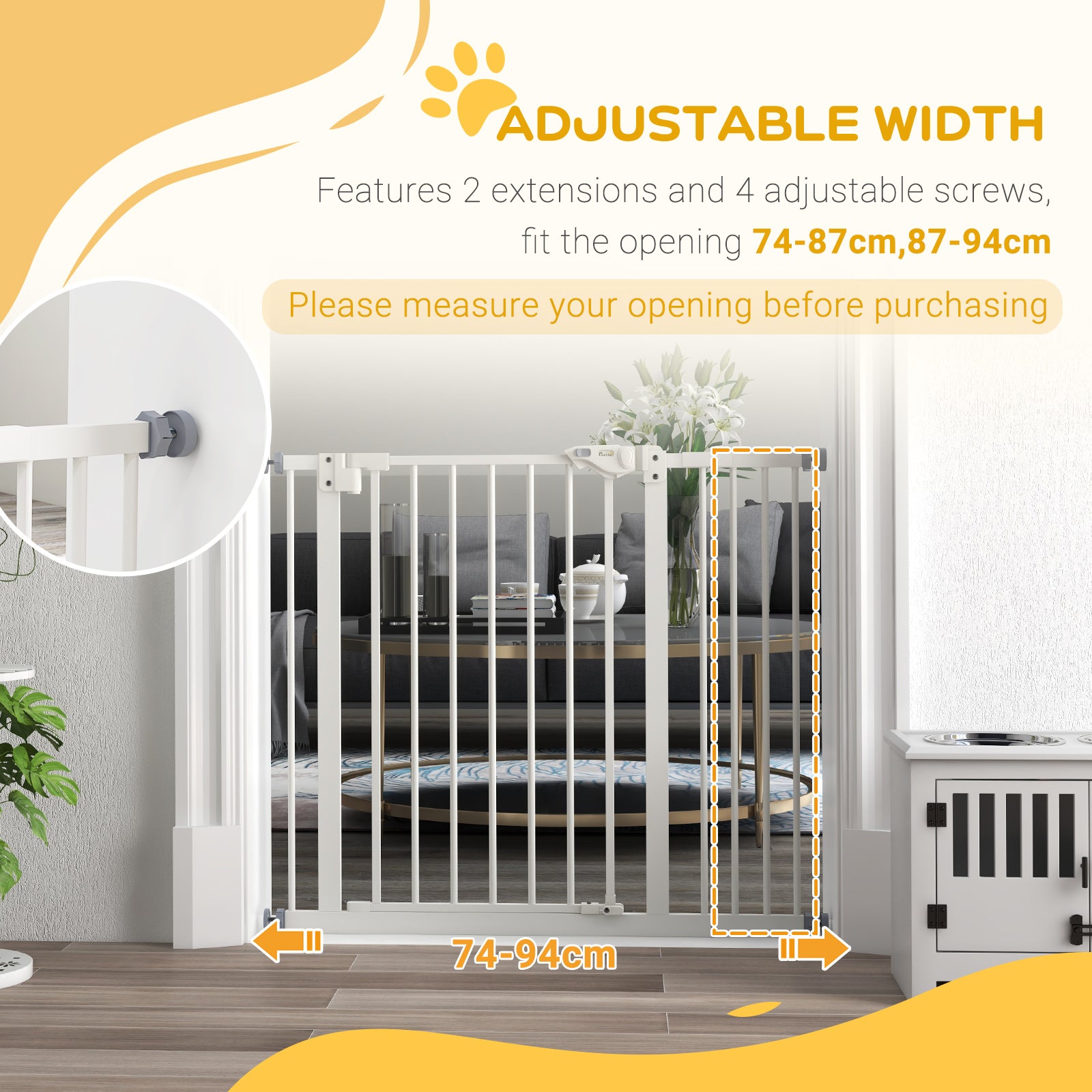 Metal 74-94cm Wide Adjustable Dog Gate White