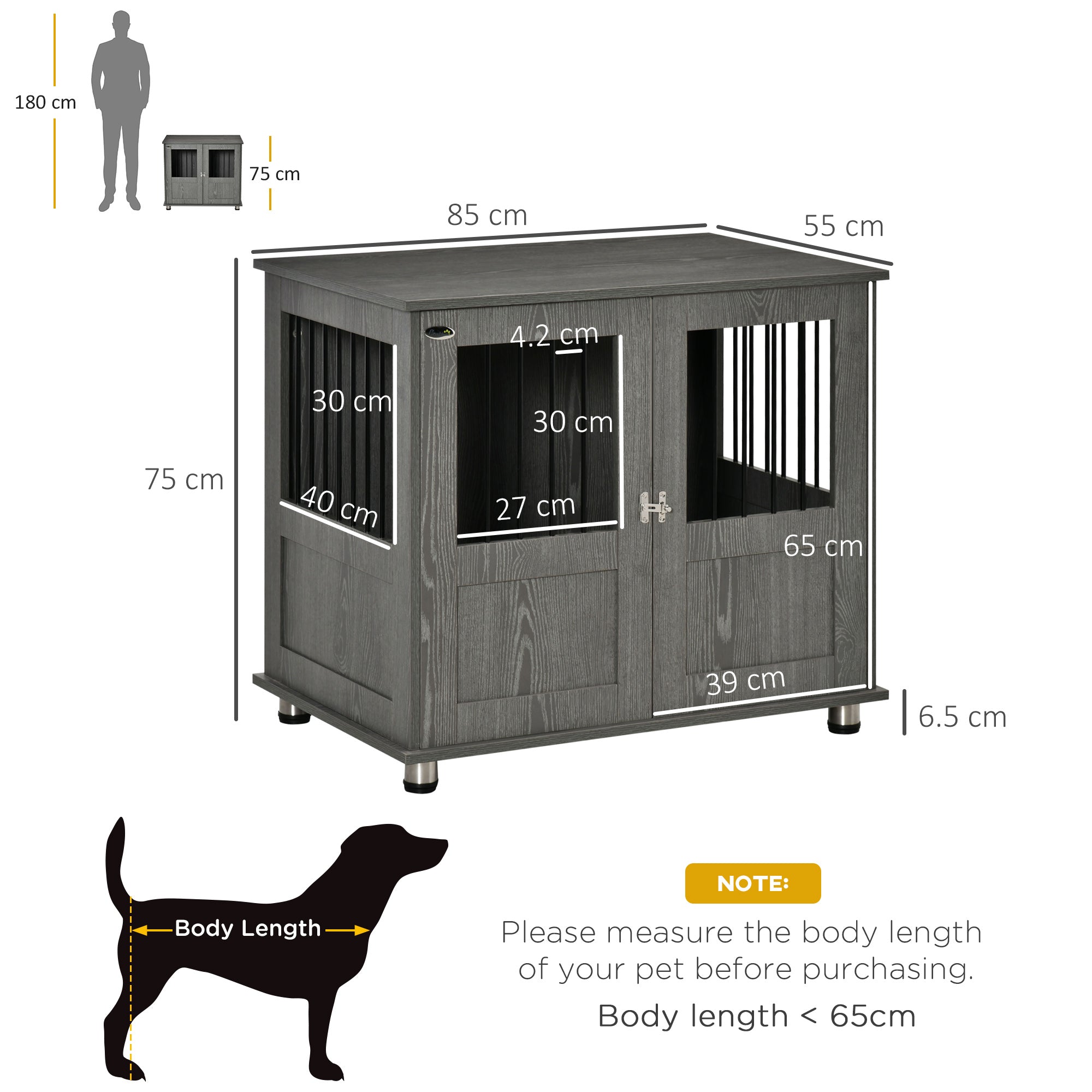 Dog Crate Furniture End Table, Pet Kennel for Small and Medium Dogs with Magnetic Door Indoor Animal Cage, Grey, 85 x 55 x 75 cm