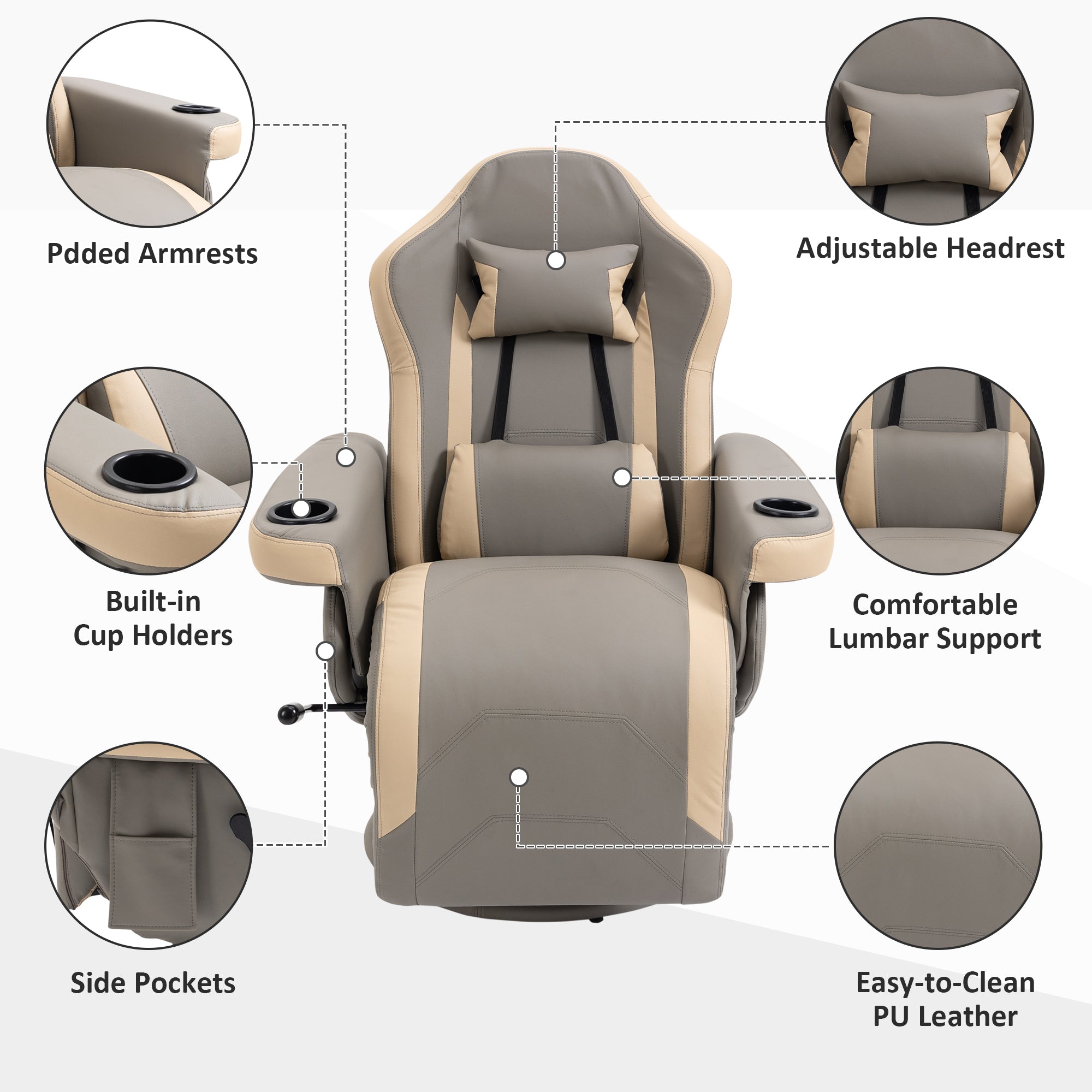 Manual Recliner Chair Armchair PU Leather Lounge Chair w/ Adjustable Leg Rest, 135° Reclining Function, 360° Swivel, Grey