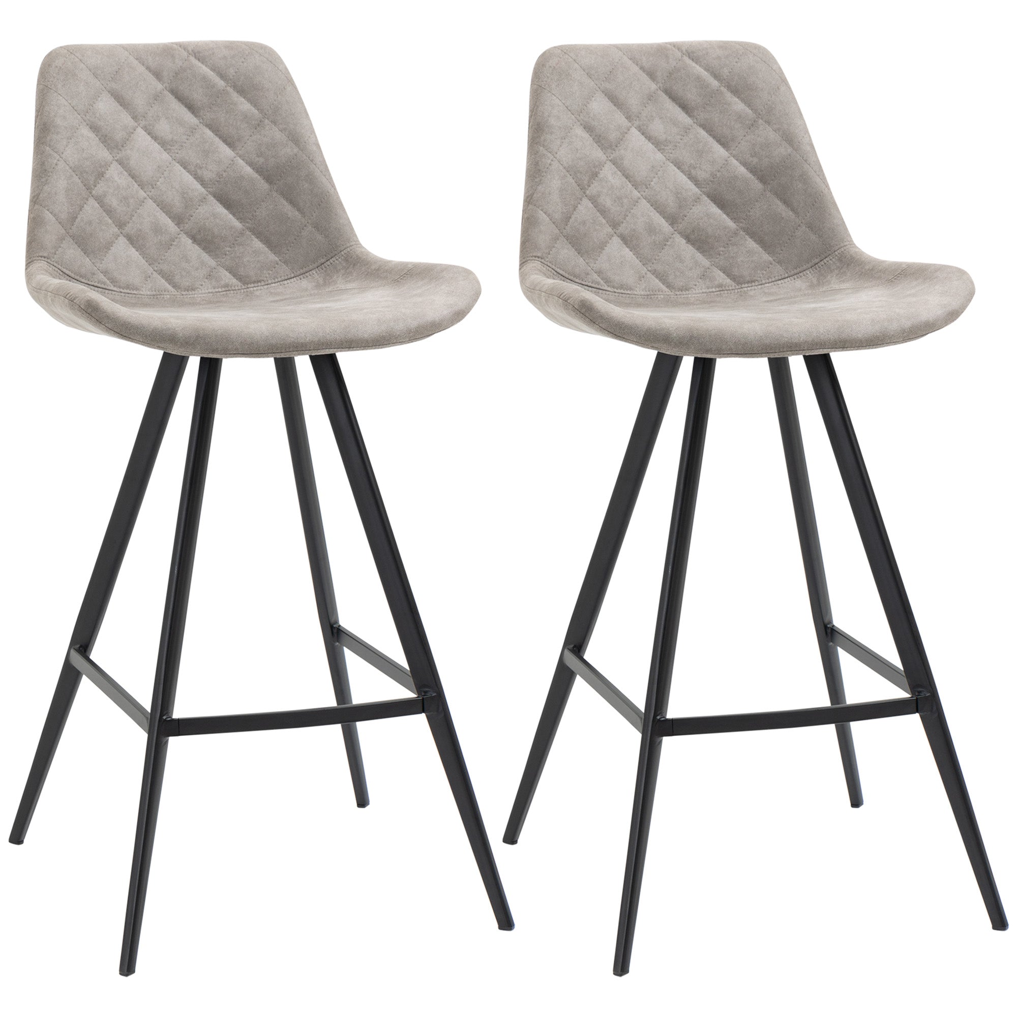 Set Of 2 Bar Stools Vintage Microfiber Cloth Tub Seats Padded Comfortable Steel Frame Footrest Quilted Home Bar Cafe Kitchen Chair Stylish Grey