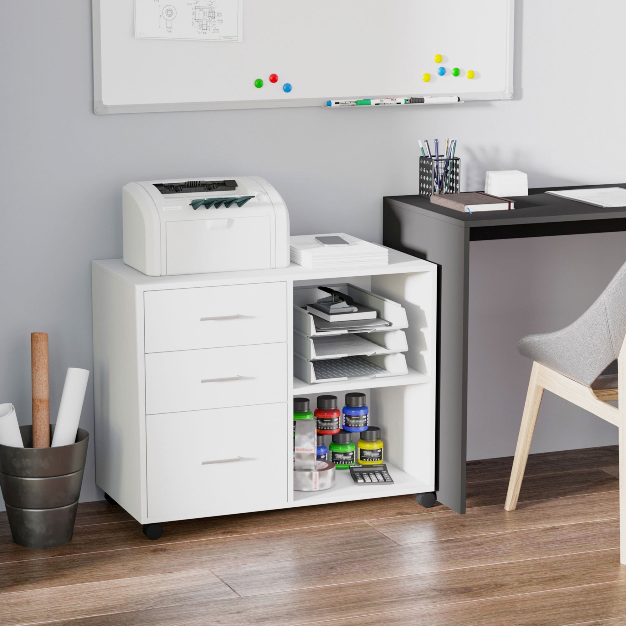 Freestanding Printer Stand Unit Office Desk Side Mobile Storage w/ Wheels 3 Drawers, 2 Open Shelves Modern Style 80L x 40W x 65H cm - White