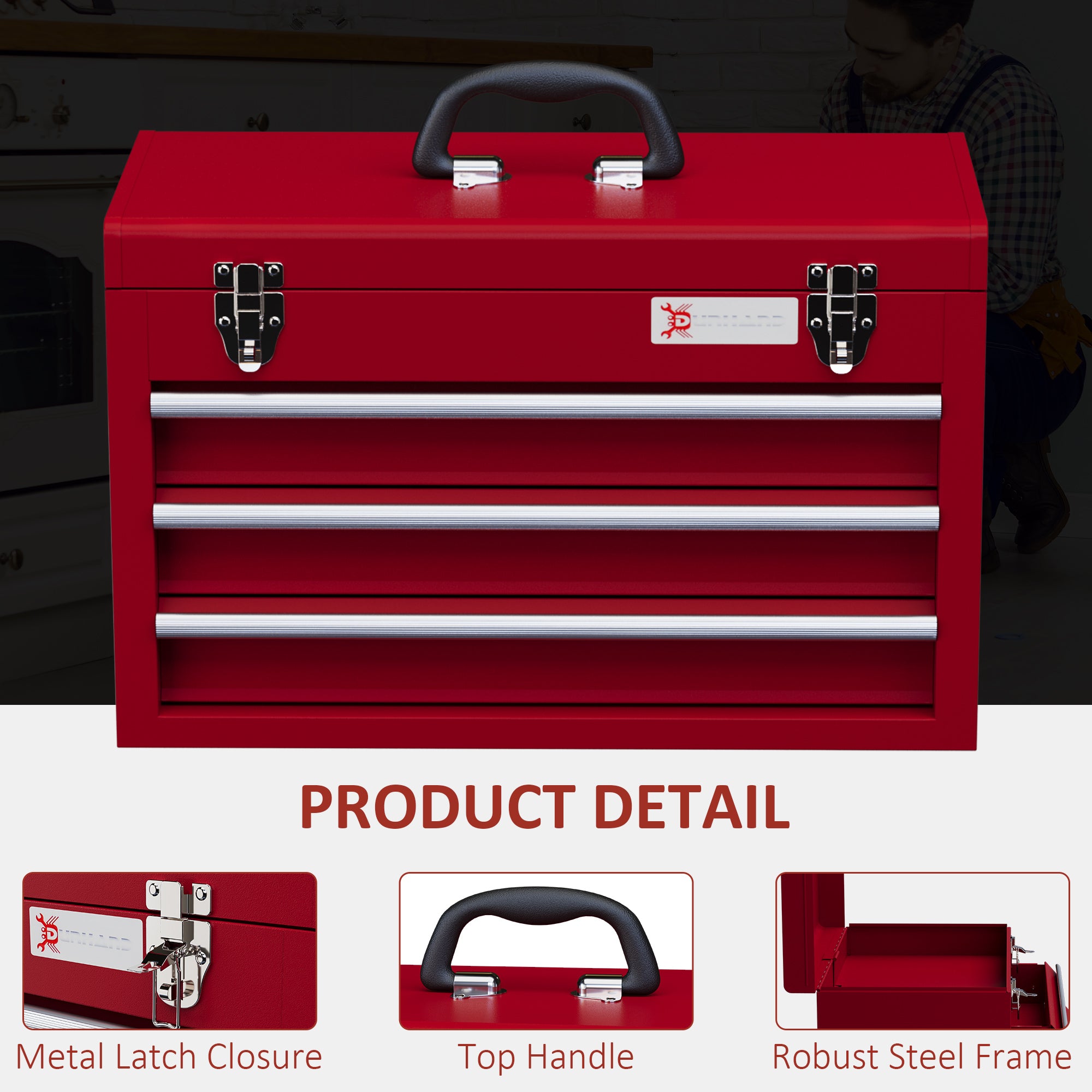 Lockable Metal Tool Box, 3 Drawer Tool Chest with Latches, Handle, Ball Bearing Runners, Red