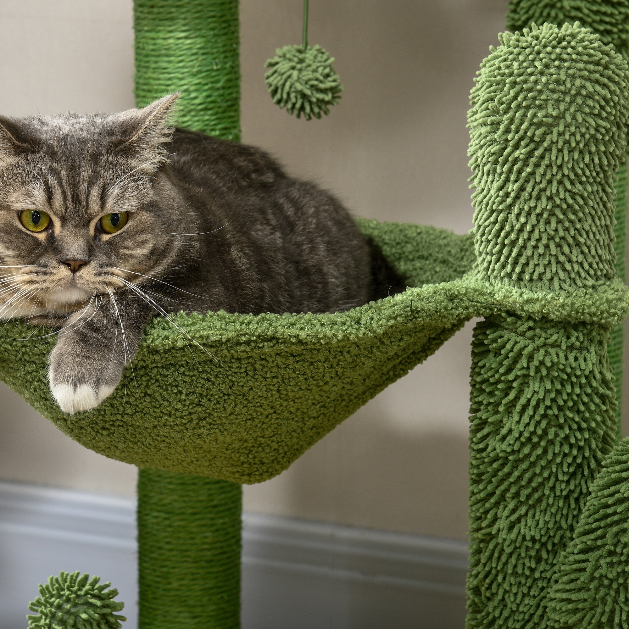 82cm Chenille Cactus Cat Tree with Scratching Post, Hammock, Green