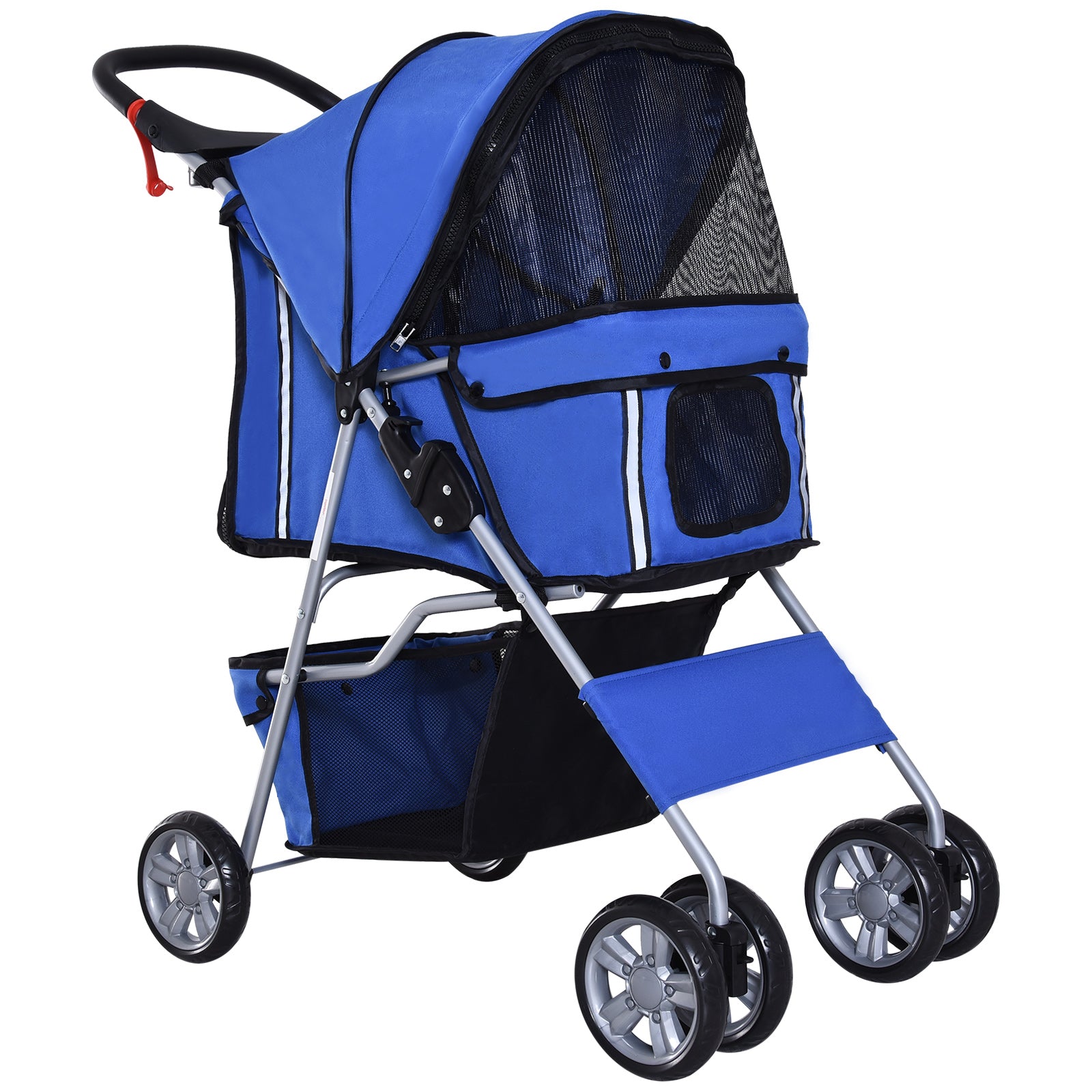 Dog Pushchair for Small Miniature Dogs Cats Foldable Travel Carriage with Wheels Zipper Entry Cup Holder Storage Basket Blue