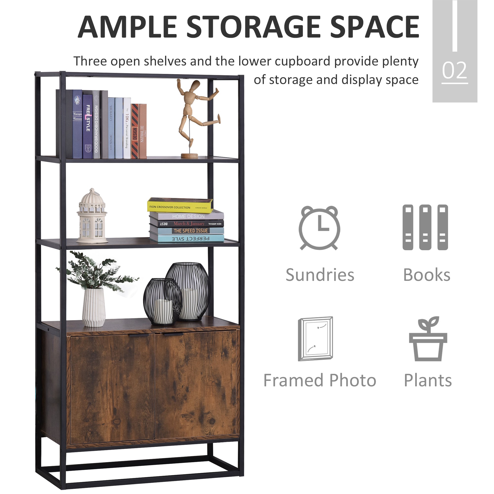 Storage Cabinet with 3 Open Shelves Cupboard Freestanding Tall Organizer Multifunctional Rack for Livingroom Bedroom Kitchen Rustic Brown