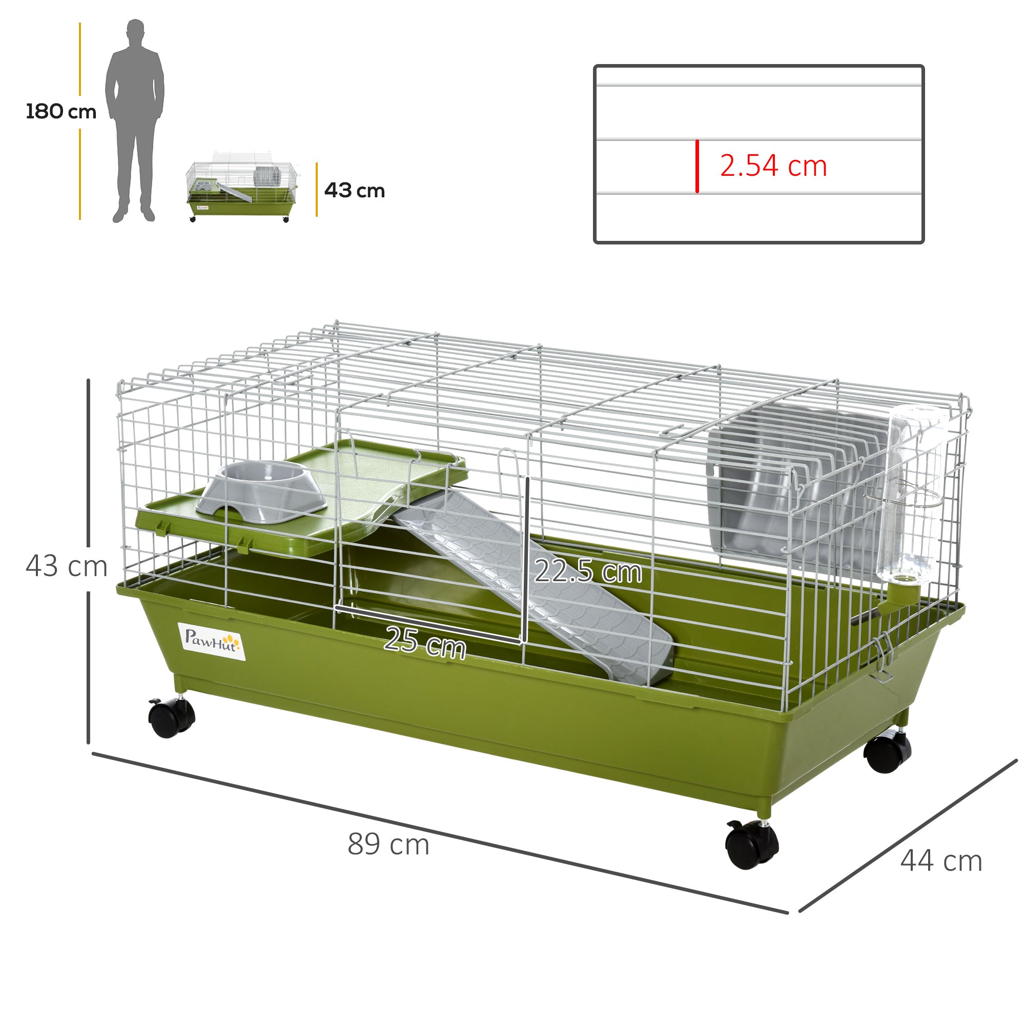 35" Small Animal Cage Chinchilla Guinea Pig Hutch Ferret Pet House with Platform Ramp, Food Dish, Wheels, & Water Bottle